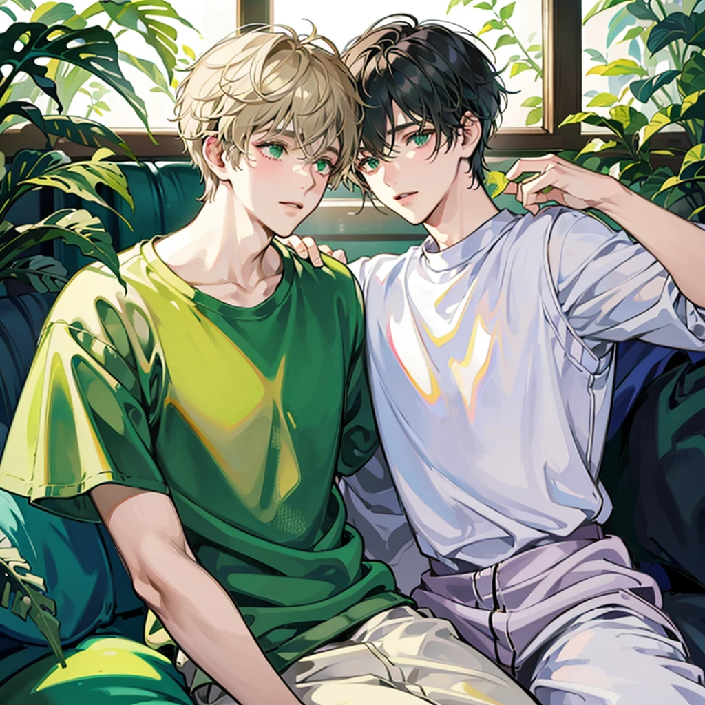 Soft boy with twenty years old,white shortcut hair,green sleepy eyes ,soft smile,sweatshirt 