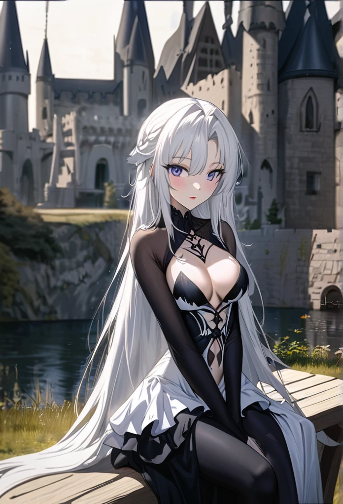 anime girl sitting on a bench in front of a castle, an anime drawing by Yang J, pixiv, gothic art, seductive anime girl, perfect white haired girl, gothic maiden anime girl, beautiful alluring anime woman, white haired deity, girl with white hair, white haired, beautiful anime girl, white-haired, white haired lady, beautiful anime woman