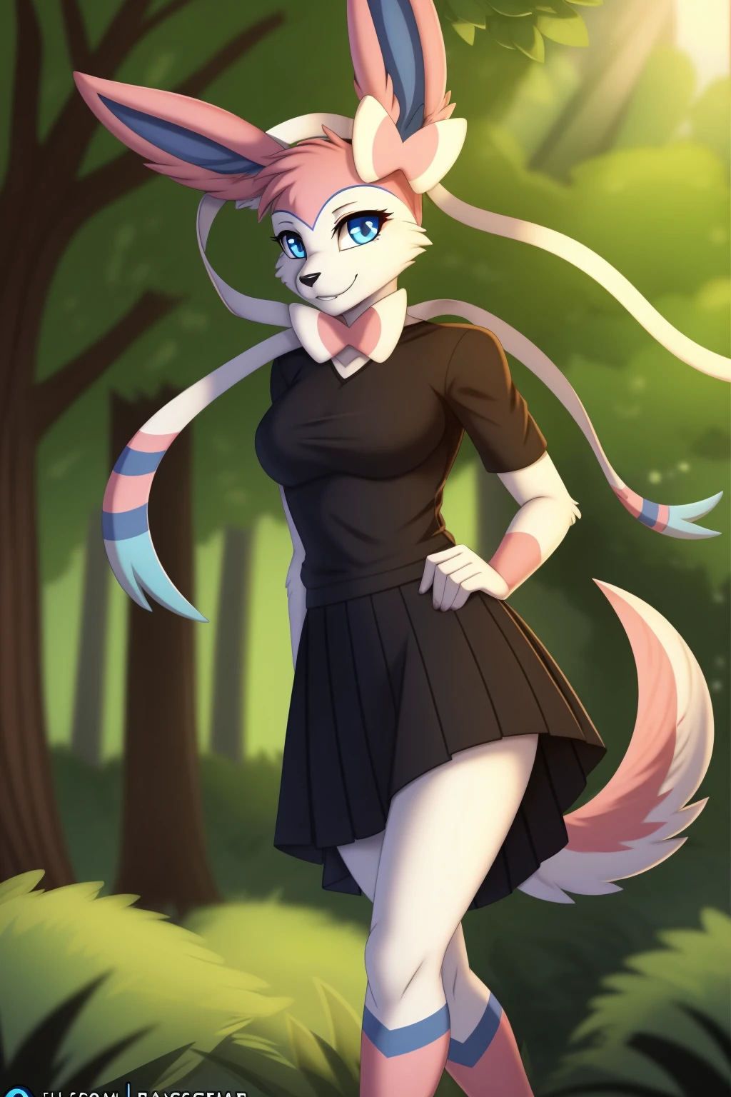 By zinfyuu on pixiv,by twistedscarlet60, uploaded on pixiv, by fluff-kevlar, (masterpiece), (best quality), (anthro furry:1.3, snout:1.2, anthro:1.3, furry:1.2, solo female:1.2), (extremely detailed:1.3), (Detailed eye part: White lens, blue iris,black cornea), tall, slim body, sweet smile, wear Black tshirt and long skirt, sylveon