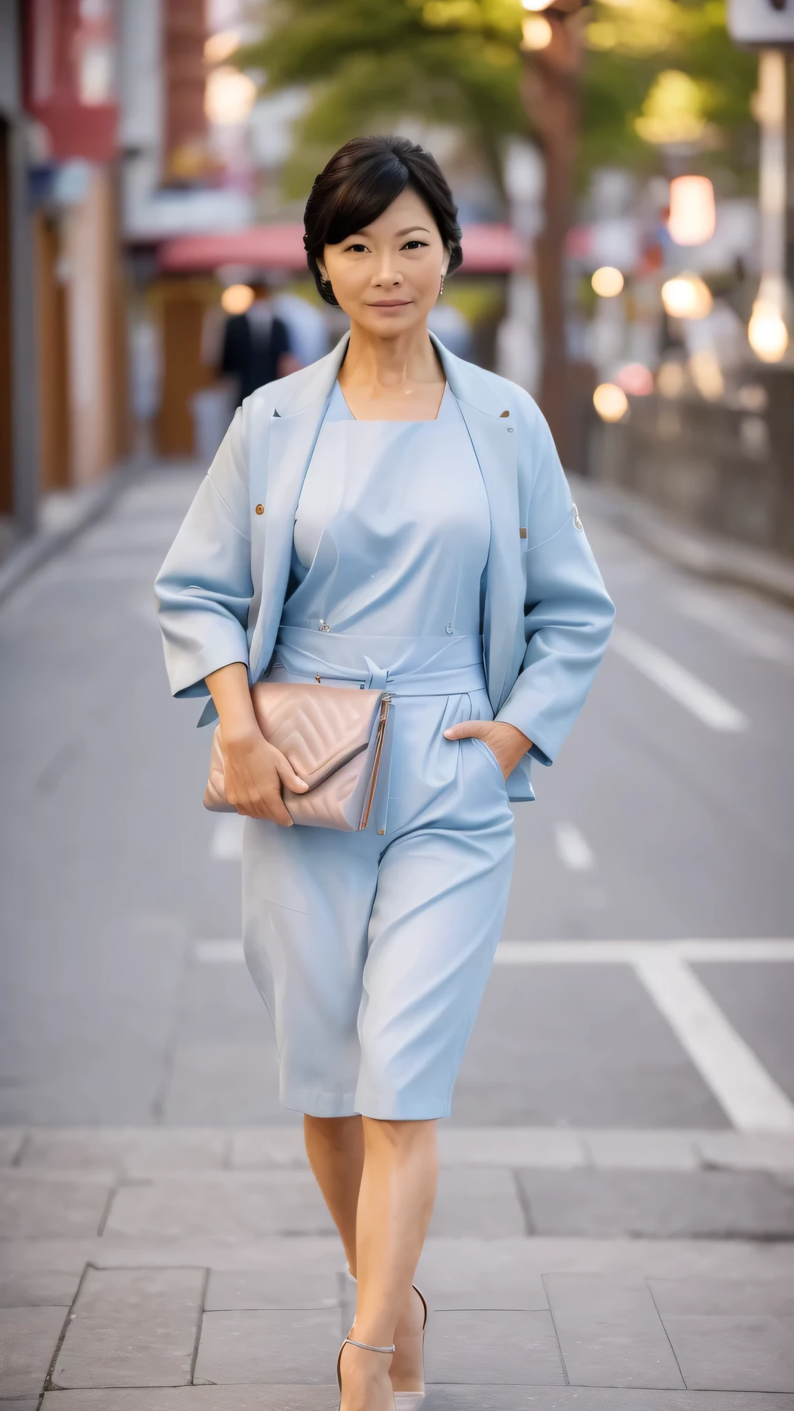 (beautiful woman, high resolution, wallpaper 8K screen, highest quality, real, ultra-definition, exquisite and perfect dynamic composition, (1 Japanese mature woman standing on the sidewalk in a business district), (business attire: 1.4), (60 years old), (realistic skin texture) , (Fine wrinkles on the overall skin: 1.3), (Dull skin): 1.1), (Skin without moisture: 1.2), (Wrinkles on the face: 0.9), (Wrinkles around the corners of the eyes: 1.2), Double eyelids, Tear bag in the lower eyelid, looking away, serious expression, straight gaze, (dimples: 1.2), sharp eyes, dark and beautiful eyes, The eyes are on me, short hairstyle, short bangs, long hair, natural movement of the hair, Wearing a jacket over a tank top, high heels, glamorous body, (full body portrait), (angle from the legs: 1.5),