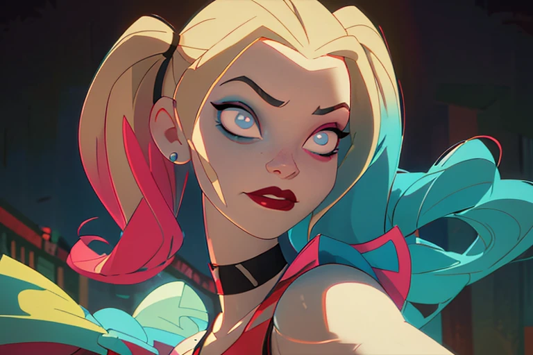 (Harley Quinn, Harley Quinn:1.0), Blonde Braids with Blue and Pink Ends, blue eyes, Red lipstick, Pink and blue eyeshadow, Love on cheek, Red and black cropped tank top, Red and black high waist shorts, Pom Pom Sneakers, Black necklace, Pale skin, (Cowboy Shoots the Ball:1.2),neon lights, Dark romantic lighting, (Very detailed:1.2),(Delicate face:1.2), (Gradient), rich and colorful, Delicate eyes, (Detailed landscape:1.2), (natural lighting:1.2),(Detailed background),Detailed landscape, (Dynamic poses:1.2), close up, whole body,