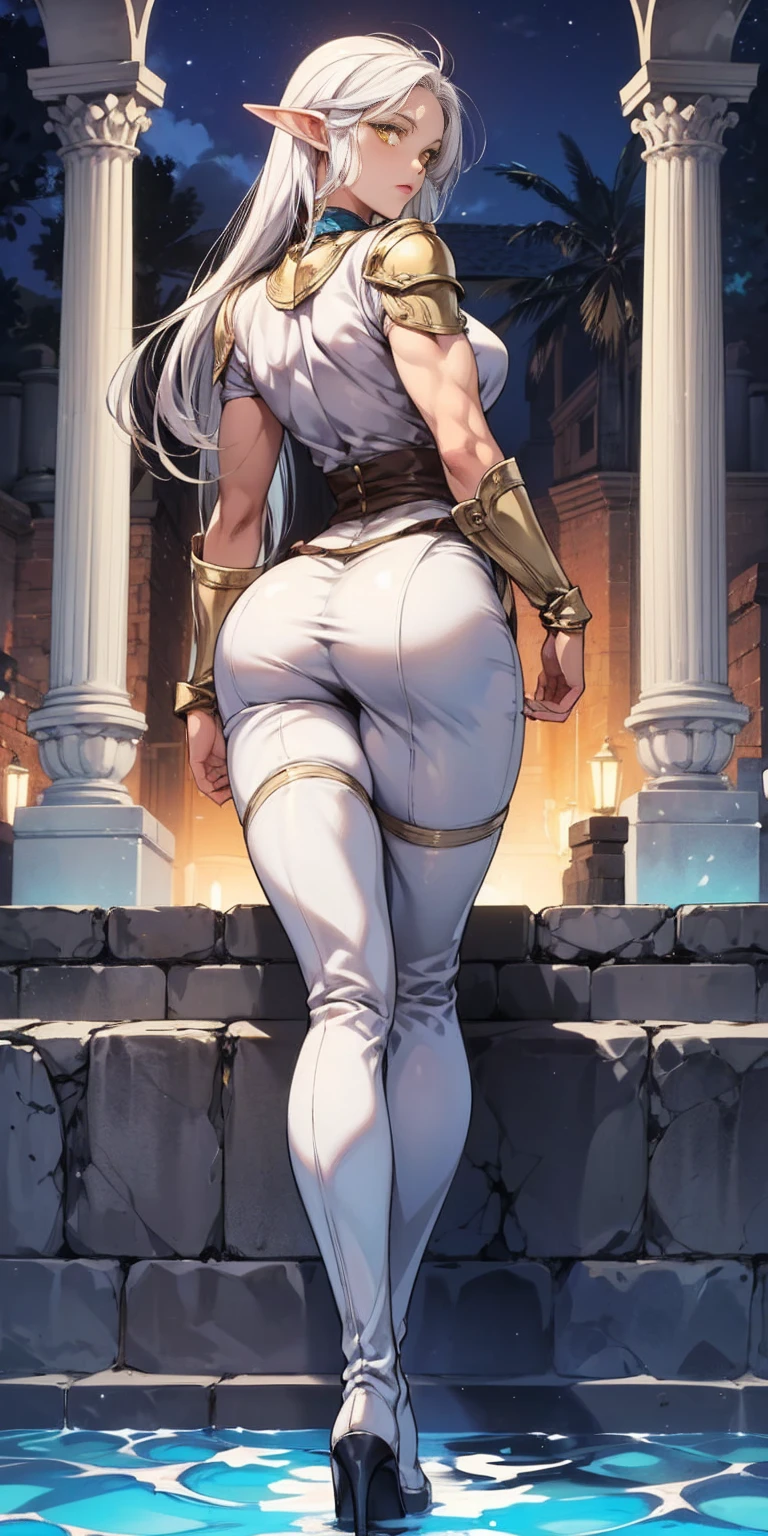 masterpiece, best quality, high quality, 1solo dark black SKIN elf, long hair, white hair, yellow eyes, full body, breastplate, looking at viewer, shiny, armor, thigh highs, high boots, shoulder armor, faulds, poleyn, gloves, gauntlets, (((1 girl))), medium to large breasts, a beautiful and cute lady, standing, (((in the pool at night))), (big muscular ass), {{{wearing armor }}} (thin waist), (incredibly beautiful full body photo, standing, (((bright eyes))), good anatomy, perfect hand muscular legs))), thin waist, muscular abdomen, wearing black high heel shoes, (((with her back to me showing her big shapely ass to me))) grabbing own ass