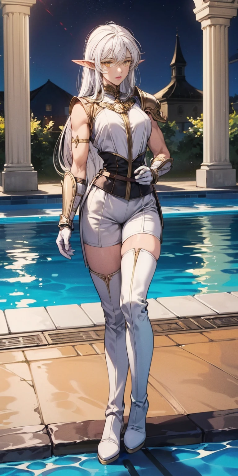 masterpiece, best quality, high quality, 1solo dark black SKIN elf, long hair, white hair, yellow eyes, full body, breastplate, looking at viewer, shiny, armor, thigh highs, high boots, shoulder armor, faulds, poleyn, gloves, gauntlets, (((1 girl))), medium to large breasts, a beautiful and cute lady, standing, (((in the pool at night))), (big muscular ass), {{{wearing armor }}} (thin waist), (incredibly beautiful full body photo, standing, (((bright eyes))), good anatomy, perfect hand muscular legs))), thin waist, muscular abdomen, wearing black high heel shoes