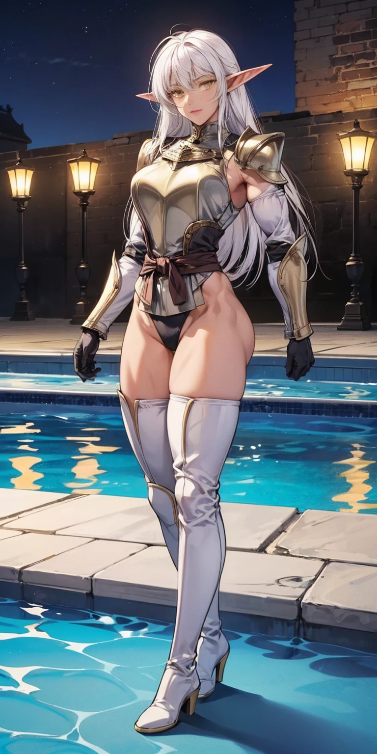 masterpiece, best quality, high quality, 1solo dark black SKIN elf, long hair, white hair, yellow eyes, full body, breastplate, looking at viewer, shiny, armor, thigh highs, high boots, shoulder armor, faulds, poleyn, gloves, gauntlets, (((1 girl))), medium to large breasts, a beautiful and cute lady, standing, (((in the pool at night))), (big muscular ass), {{{wearing armor }}} (thin waist), (incredibly beautiful full body photo, standing, (((bright eyes))), good anatomy, perfect hand muscular legs))), thin waist, muscular abdomen, wearing black high heel shoes