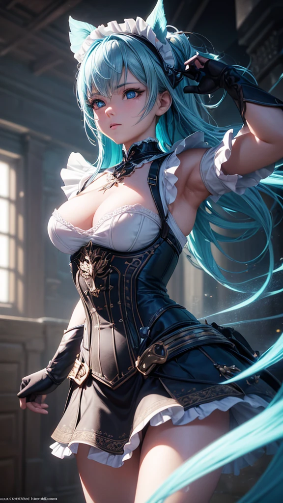 ((Best quality)), ((masterpiece)), (detailed: 1.4), 3D, an image of a beautiful woman, maid's clothing, hair tied up, light blue hair, light blue eyes, HDR (high dynamic range), Ray Tracing, NVIDIA RTX, Super Resolution, Unreal 5, Subsurface Dispersion, PBR Texturing, Post-Processing, Anisotropic Filtering, Depth of Field, Maximum Clarity and Sharpness, Multi-Layer Textures, Albedo and Specular Maps, Surface Shading, Accurate Light Interaction Simulation -material, perfect proportions, octane rendering, Two-tone lighting, Wide aperture, Low ISO, White balance, Rule of thirds, 8K RAW,