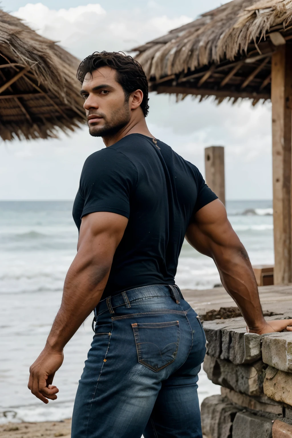 Un hombre negro con la cara se parece a Henry Cavill. Black man, Su cuerpo es musculoso y pectoral definido. paquete de seis. ingle. Cochas, pelo contra el viento. barba dentada.  Big butt, in a moment of reflection. Full body. Fajado, yellow Jeans backside.  bent over 