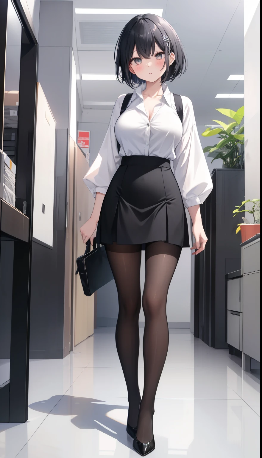 One Girl、positive、Standing posture、Full body portrait、Black Hair、Medium Haircut、blush、Absolute area、Black knee-high socks、Knee-length、stockings、Black Pantyhose、White underwear、Light blue shirt、Blue-gray business suit、Grey tight mini skirt、Japanese office lady、Summer clothes、office、Daytime、（Very large breasts）、Cleavage、open chest shirt、((Lesbians all over))、masterpiece、（highest quality）、
Panties around the ankles、Black high heels