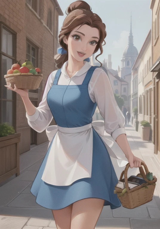 (BelleWaifu:1), smile, cute, cute pose, looking at viewer, thick thighs, (blue dress, apron:1.2), (hair bun, hair bow), :D, holding a basket, walking,
(realistic:1.2), (realism), (masterpiece:1.2), (best quality), (ultra detailed), (8k, 4k, intricate),(full-body-shot:1),(Cowboy-shot:1.2), (85mm),light particles, lighting, (highly detailed:1.2),(detailed face:1.2), (gradients), sfw, colorful,(detailed eyes:1.2),
(detailed ladscape, old town, buildings, shop, fruits:1.2),(detailed background),detailed landscape, (dynamic angle:1.2), (dynamic pose:1.2), (rule of third_composition:1.3), (Line of action:1.2), wide shot, daylight, solo,