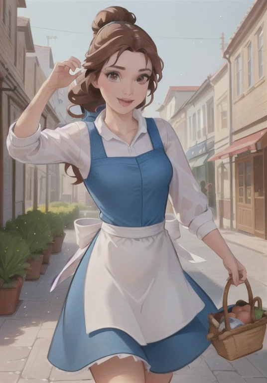 (BelleWaifu:1), smile, cute, cute pose, looking at viewer, thick thighs, (blue dress, apron:1.2), (hair bun, hair bow), :D, holding a basket, walking,

(realistic:1.2), (realism), (masterpiece:1.2), (best quality), (ultra detailed), (8k, 4k, intricate),(full-body-shot:1),(Cowboy-shot:1.2), (85mm),light particles, lighting, (highly detailed:1.2),(detailed face:1.2), (gradients), sfw, colorful,(detailed eyes:1.2),

(detailed ladscape, old town, buildings, shop, fruits:1.2),(detailed background),detailed landscape, (dynamic angle:1.2), (dynamic pose:1.2), (rule of third_composition:1.3), (Line of action:1.2), wide shot, daylight, solo,

 