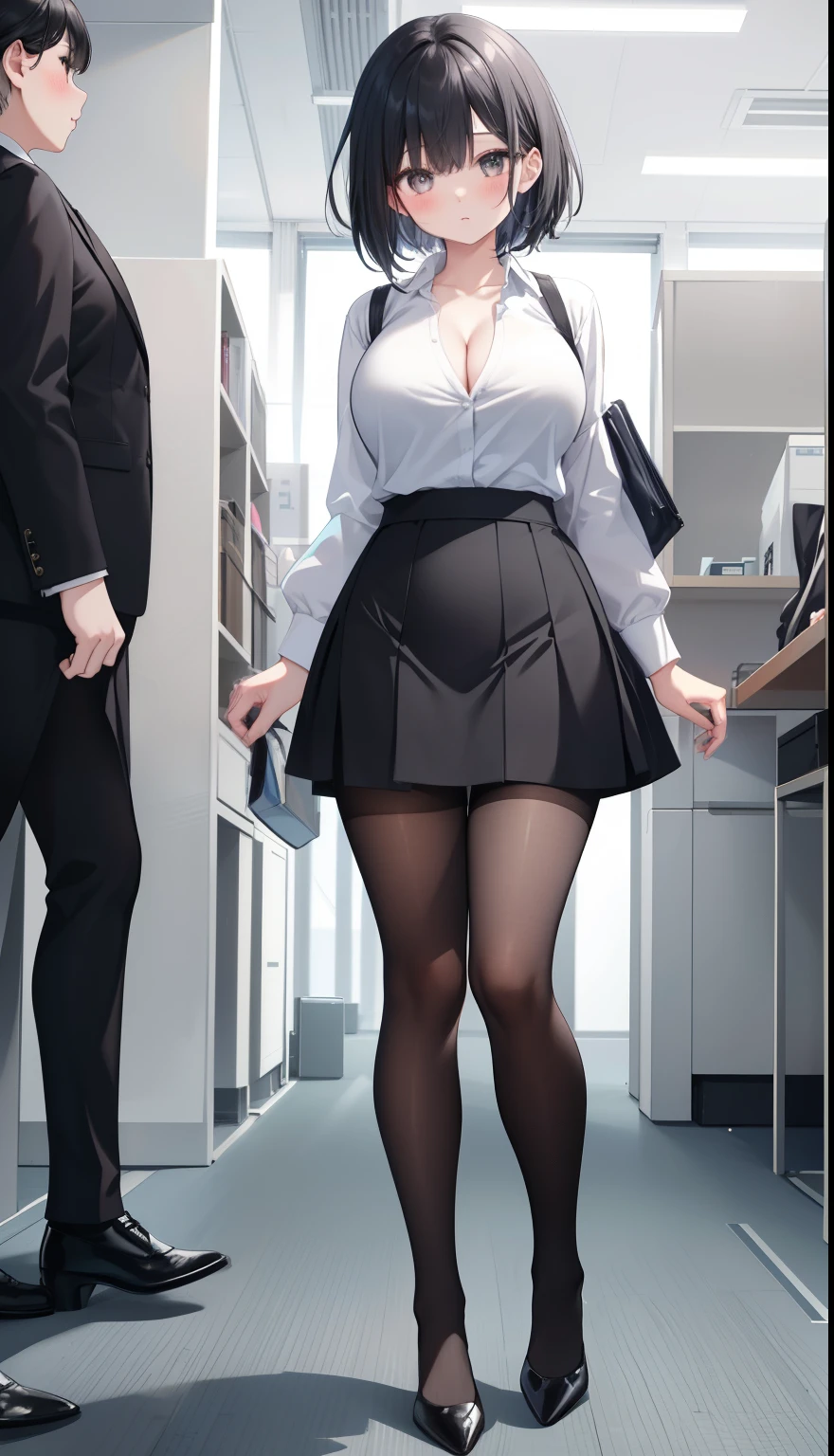 One Girl、positive、Standing posture、Full body portrait、Black Hair、Medium Haircut、blush、Absolute area、Black knee-high socks、Knee-length、stockings、Black Pantyhose、White underwear、Light blue shirt、Blue-gray business suit、Grey tight mini skirt、Japanese office lady、Summer clothes、office、Daytime、(Very large breasts)、Cleavage、open chest shirt、((Lesbians all over))、masterpiece、(highest quality)、
Panties around the ankles、Black high heels