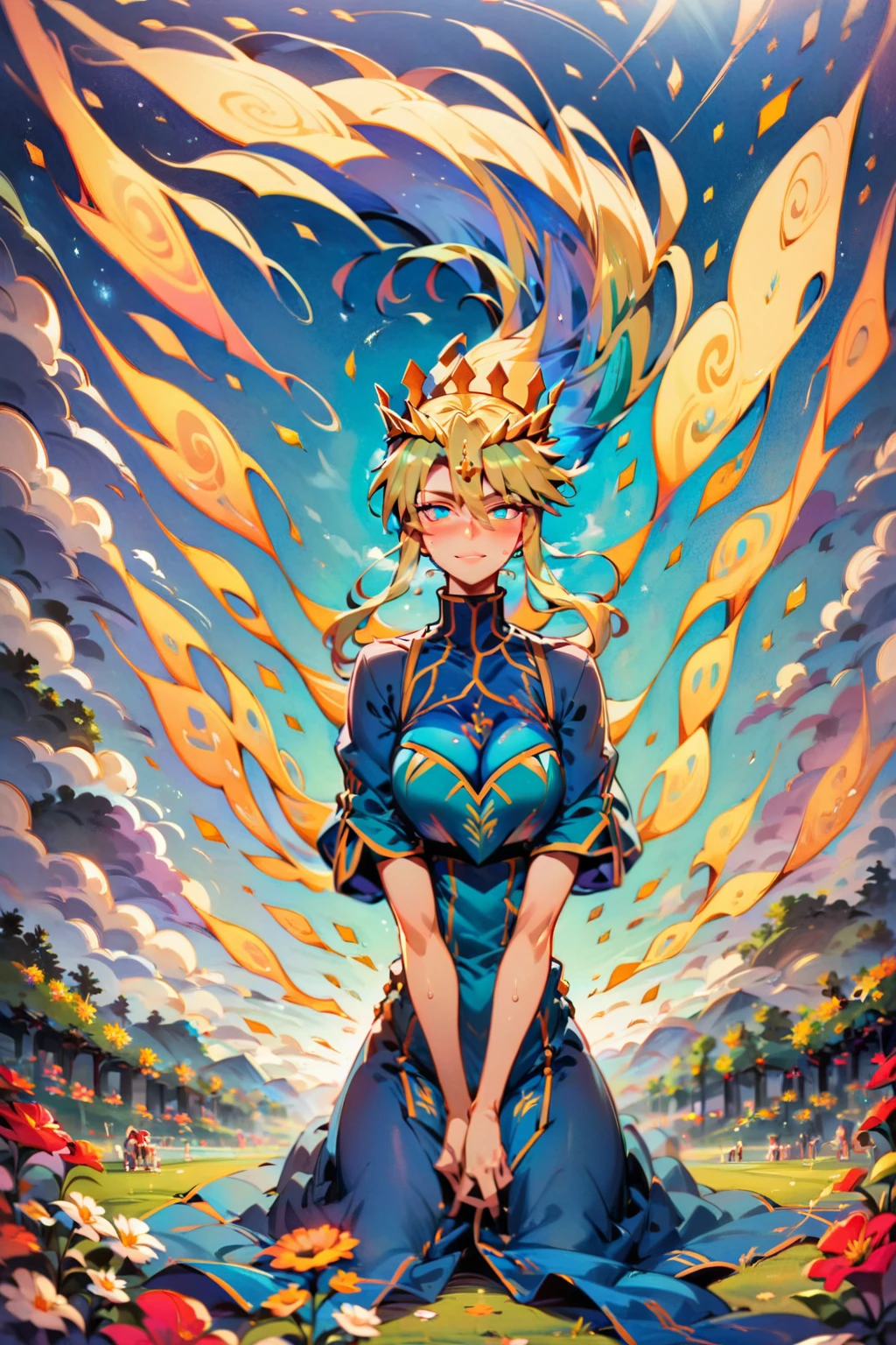 (score_9, score_8_up, score_7_up, score_6_up, score_5_up, score_4_up:1.5), (masterpiece, bestquality, very aesthetic, absurdres, newest, ai-generated), (anime screencap, illustration:1.3), (human forcus, 1girl, fullbody:1.2), smile, (looking at viewer, front view, Contrapposto pose), (sitting, wariza), (blue sky, picnic, flower garden), (Post-production, Raytracing, Ambient Occlusion, Bloom, Chromatic Aberration, Lens Flare, Depth of Field, Global Illumination, Reflection), (cinematic lighting), (shiny Specular, shiny highlights, Dispersion high light, prism high light), (SLR shot, wide angle lens, dynamic perspective, bokeh, dynamic angle, dynamic idol shot, depth of field, wind, glowing dust flying, glowing bokeh light, emotional atmosphere), (shiny skin, shiny body, shiny hair, oily skin, oily body, oily hair, glowing eyes, sweaty, steam, heat, shame, blush), (Artoria Pendragon (Lancer) \(fate grand order\)),