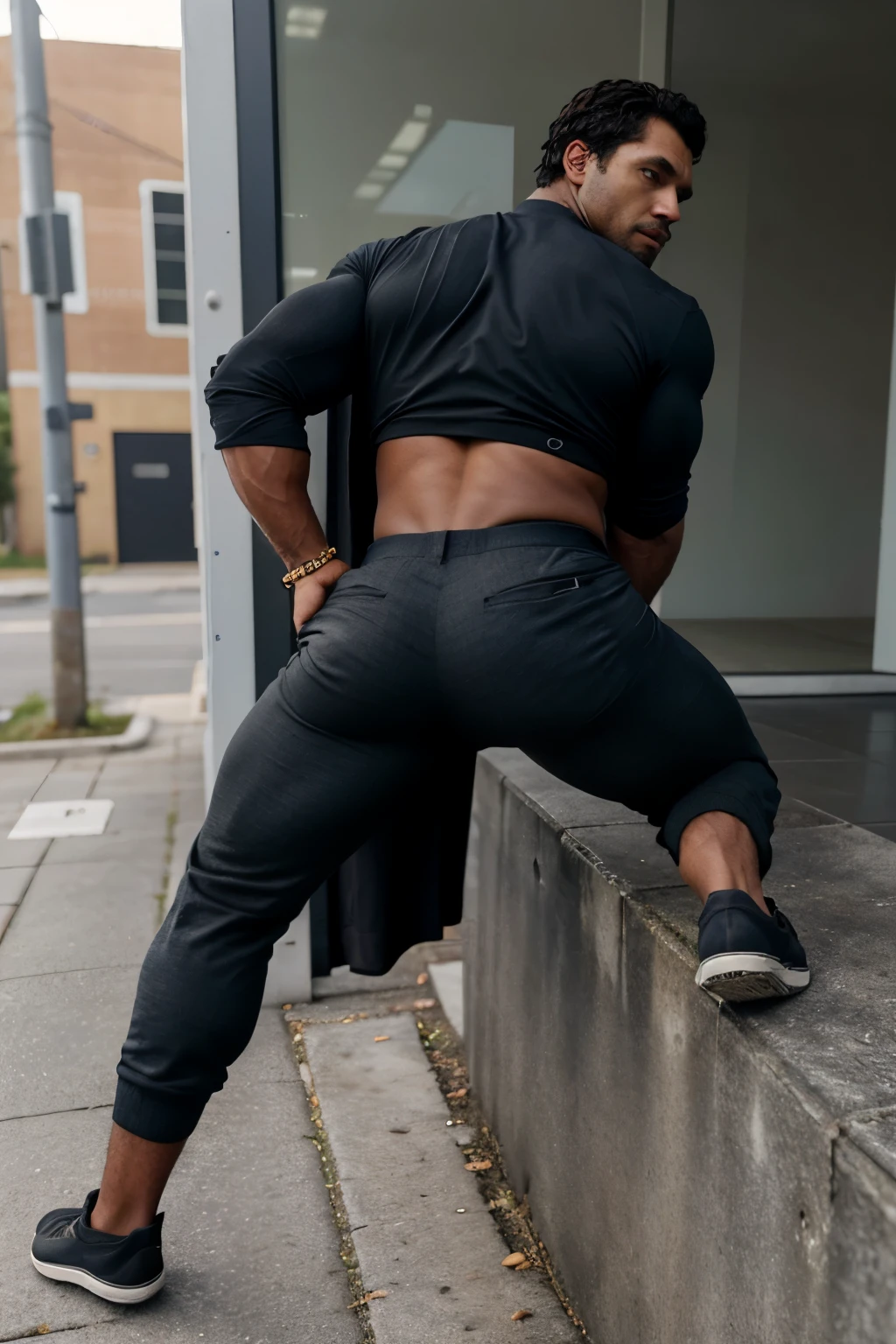 Un hombre negro con la cara se parece a Henry Cavill. Black man, Su cuerpo es musculoso.. Cochas, pelo contra el viento. barba dentada.  Big butt,. Full body. Fajado, pantalon de vestir plateado, backside.  bent over 