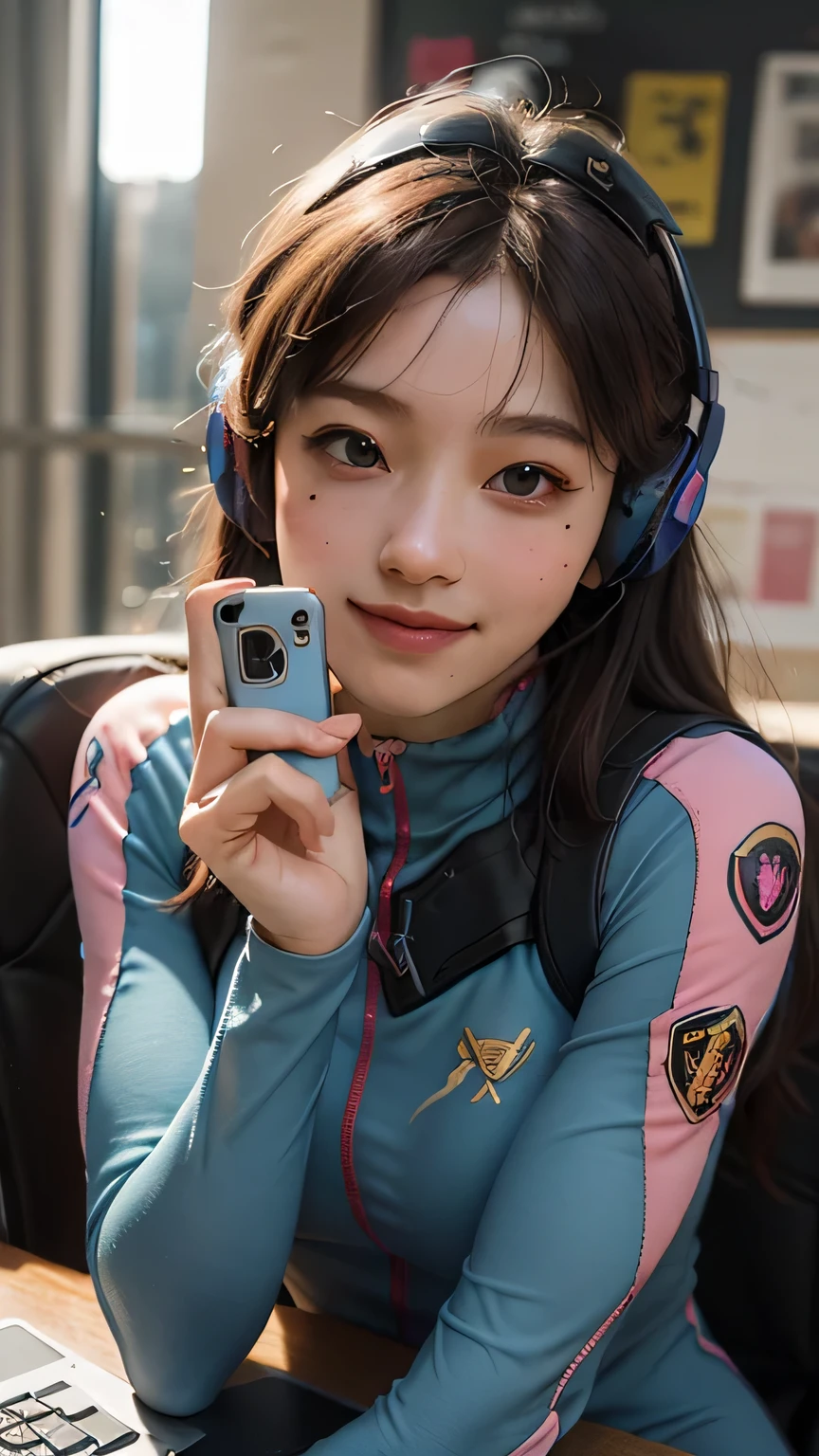 (best quality, masterpiece:1.2, photo realistic:1.4), raw photo, ultra high res, portrait, professional photograph, 8k wallpaper, HDR, perfect artwork, photon mapping, realistic shadow, detailed skin texture, film grain, depth of field, natural shading, (intricate details:1.2), 85mm, f/1.4, ISO 200, 1/160s:0.75, lens flare, sharp picture,
1girl, korean, age, smile, medium breasts, pink markings on face, xdva, d.va (overwatch), pilot suit, bodysuit, skin tight, pink headset, holding phone, selfie, camera, flash, full body
gaming arena, gaming competition, gaming chair, Championship,Applause, highly detailed background, public, spectators,