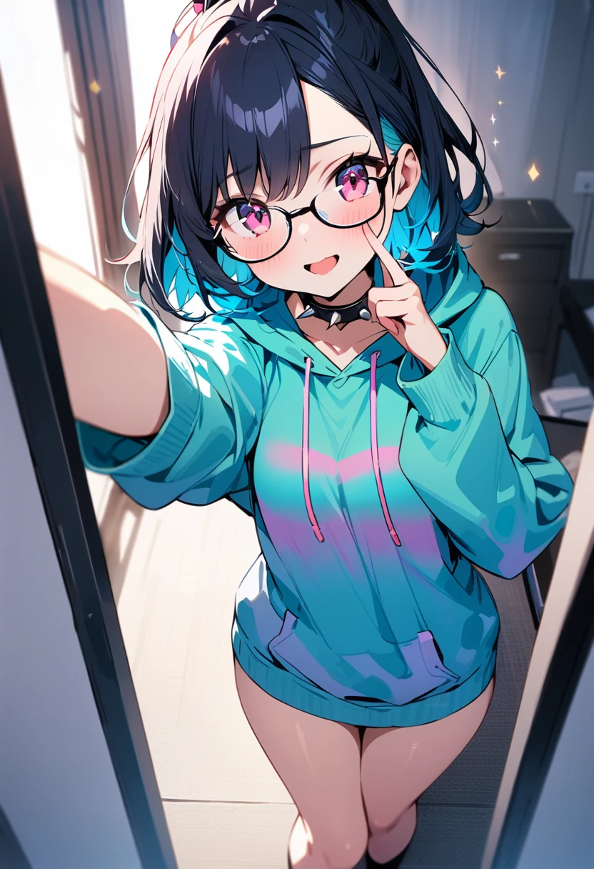 (best quality:1.2, top quality, highest resolution:1.2, masterpiece:1.3, high quality, high res, 4k), (visual effects), depth of field, [sparkle sparkle], soft colors, full body shot, [detailed] ((one girl, skinny body,  size, short hair, high ponytail hairstyle, dark blue outer hair, (cyan inner hair), pink eyes, wears contact glasses)). On the floor (selfie, cute, wearing just a gradient hoodie, one-piece hoodie, (spiked collar)), inviting expression, Mesugaki expression, teasing