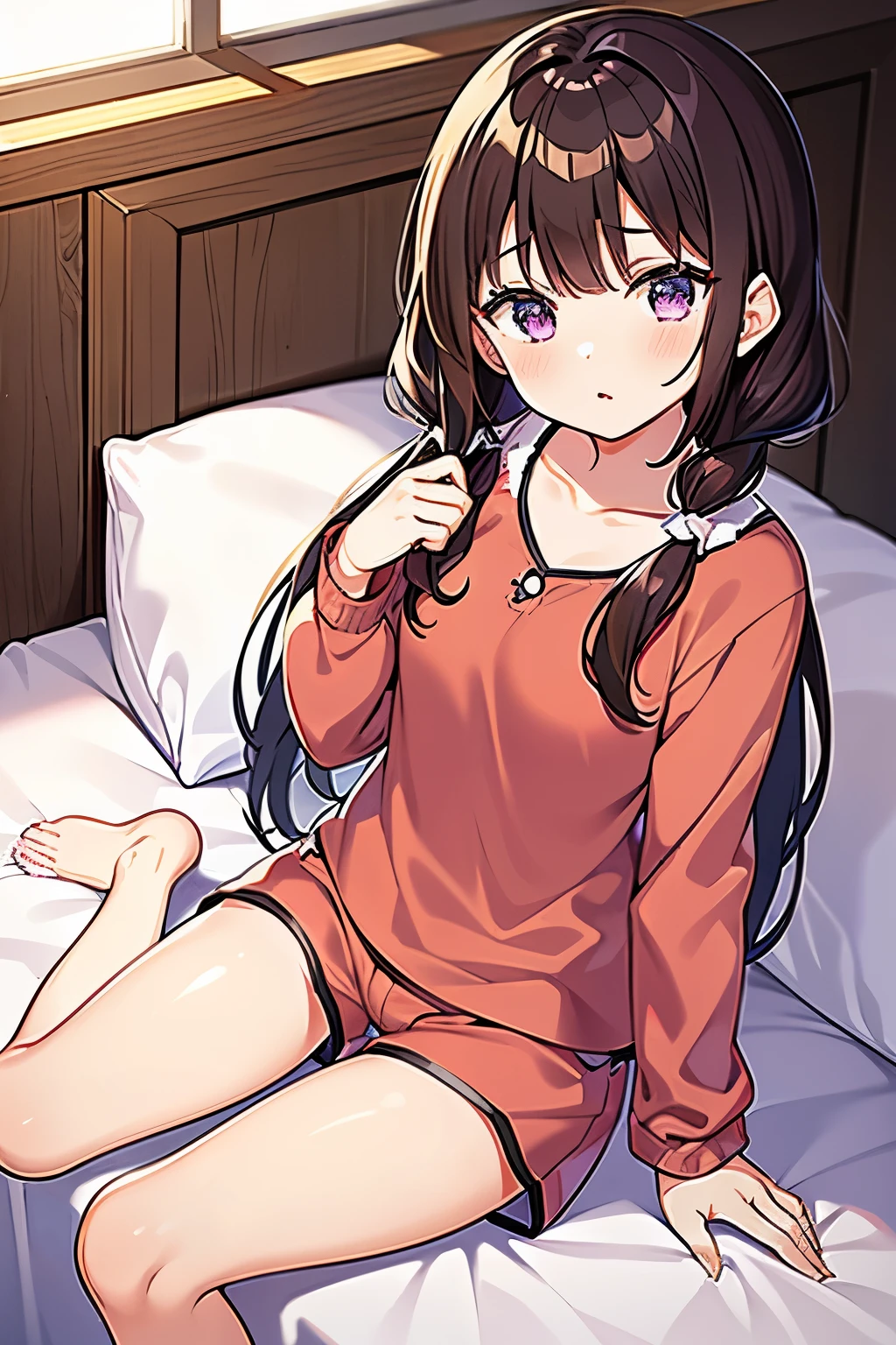 ((brown hair)), 1 girl , Sitting on bed, Feelings drowsy, Short pant pajamas, Sea pattern pajamas, Purple eyes,Long hair, Short twintails