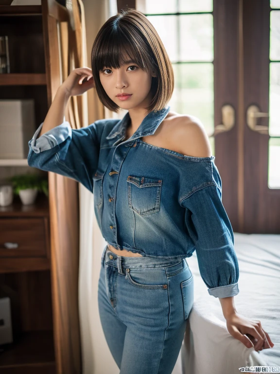 (highest quality, masterpiece, Ultra-high resolution:1.2), (Photorealistic:1.3), (RAW Photos:1.3), 8k, 16k, 32k, 1 girl, Ultra-high resolution, Professional artwork, Very detailed, Complex, Detailed face, 1 girl, (Japanese Girls:1.3), (alone, whole body, Wide Shot, 18-year-old:1.3), short hair, Boyish pose, Boyish hairstyles, room, jeans, oversized gourmet
