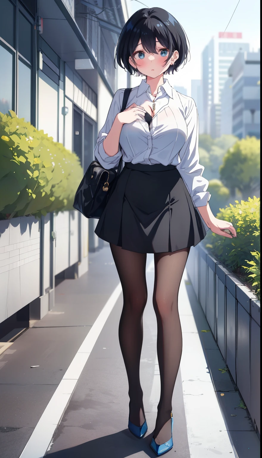 One Girl、positive、Standing posture、Full body portrait、Black Hair、Medium Haircut、blush、Absolute area、Black knee-high socks、Knee-length、stockings、Black Pantyhose、White underwear、Light blue shirt、Blue-gray business suit、Grey tight mini skirt、Japanese office lady、Summer clothes、office、Daytime、(Very large breasts)、Cleavage、open chest shirt、((Lesbians all over))、masterpiece、(highest quality)、
Panties around the ankles、Black high heels