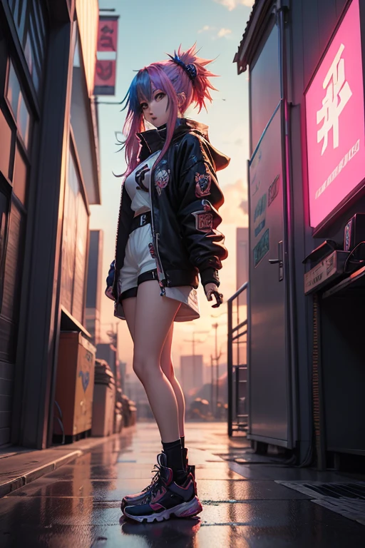 Anime art, Cyberpunk , cabelo colorido, anime art,  art anime, fone de ouvido anime art, art anime. Na balada bebendo uma cerveja 