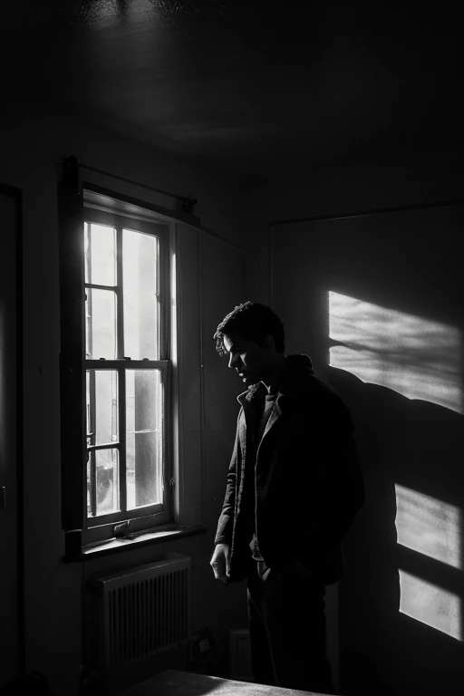 Draw me a picture in black and white of a man inside In the dimly lit room, sunlight slipped through the window which was only slightly open, spilling in as if trying to warm the room which had been cold for a long time. There, one 