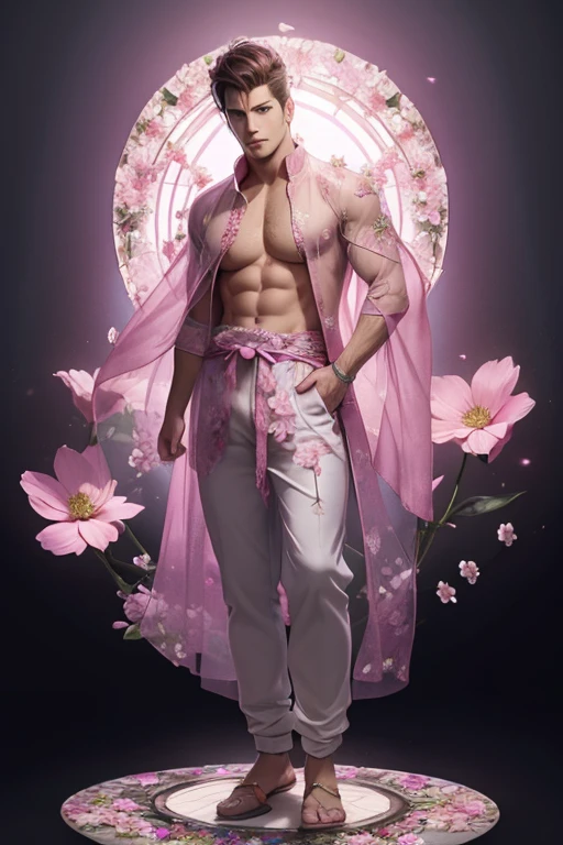 full body photorealistic handsome Hunky flower wizard, wearing pink transparent mesh clothing,,flowers and petals circle everywhere. Flower garden as the background 