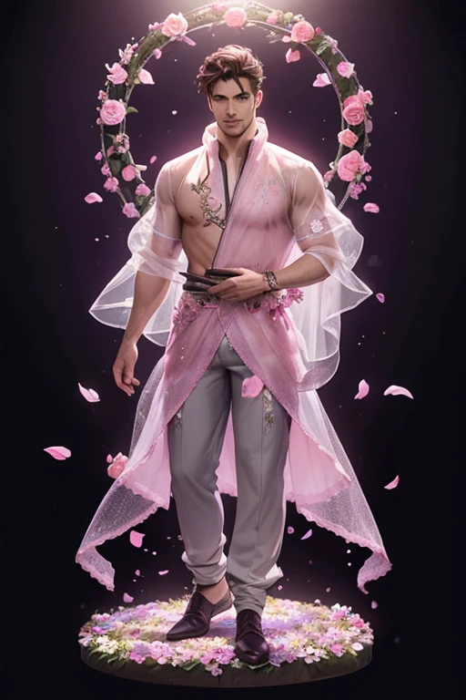 full body photorealistic handsome Hunky flower wizard, wearing pink transparent mesh clothing,,flowers and petals circle everywhere. Flower garden as the background