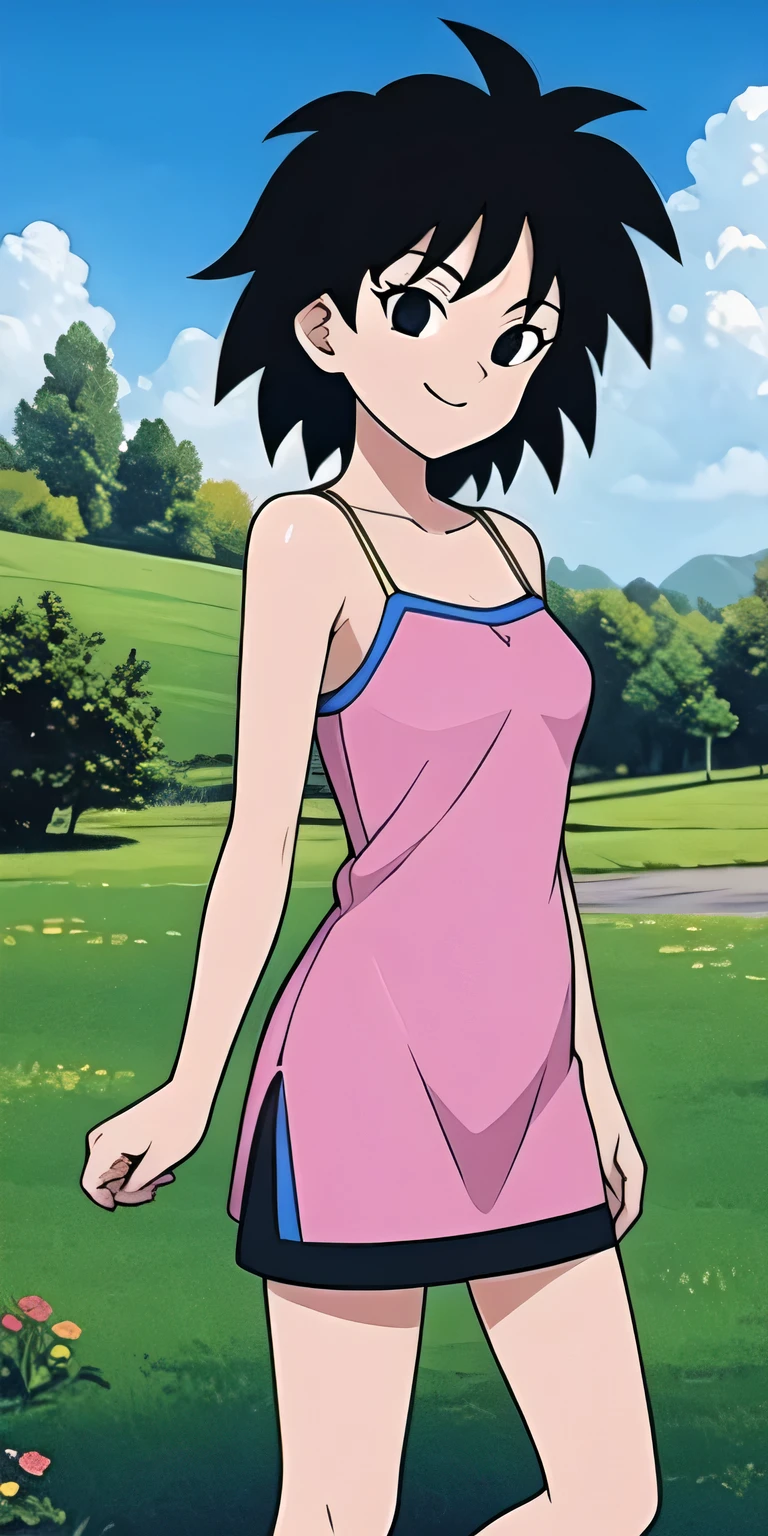  Gine, Pink Camisole dress, black hair, spiky hair, breasts, bare shoulders, collarbone, black eyes, looking at viewer, smiling, medium shot, standing, outside, park, grass, blue sky, high quality, masterpiece, arms at sides