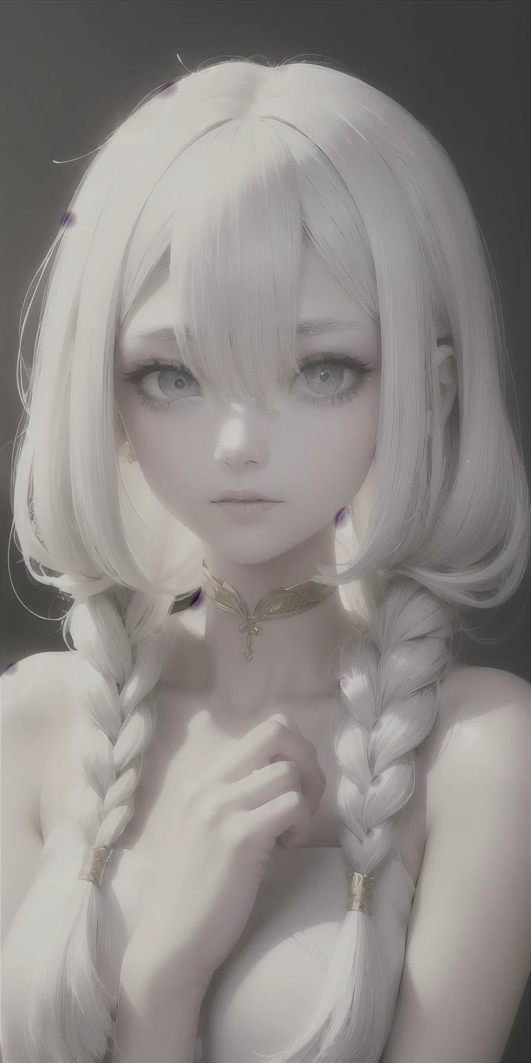 best quality, Masterpiece,white hair, golden eyes,white clothes, search, upper body,hair,Beautiful skin,side braid