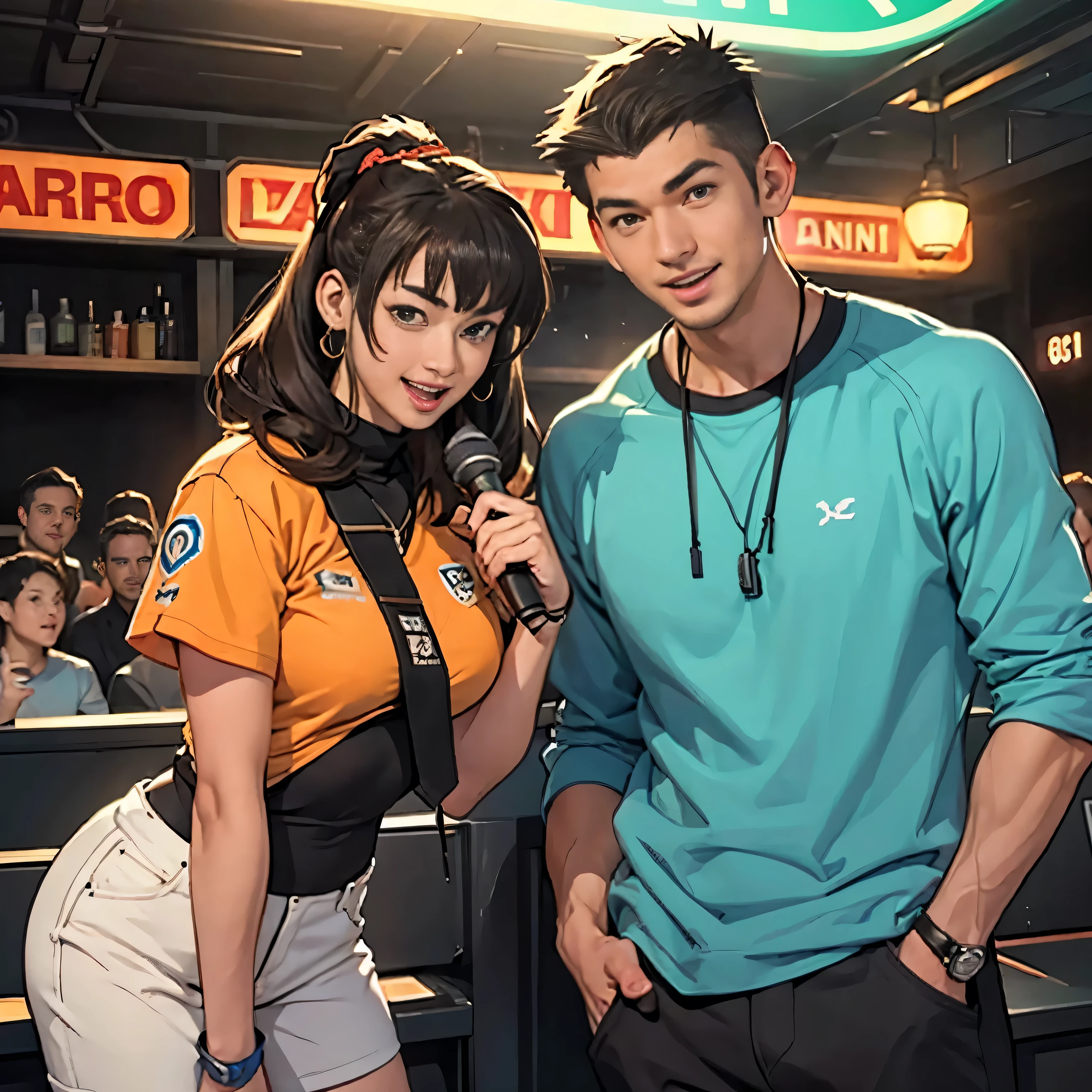 ((lol: 1.2 + Galen: 1.3), realistic art style), HD, Two man and one woman on stand up comedy. While , teenager, and adult watching them with happy and laughing face
