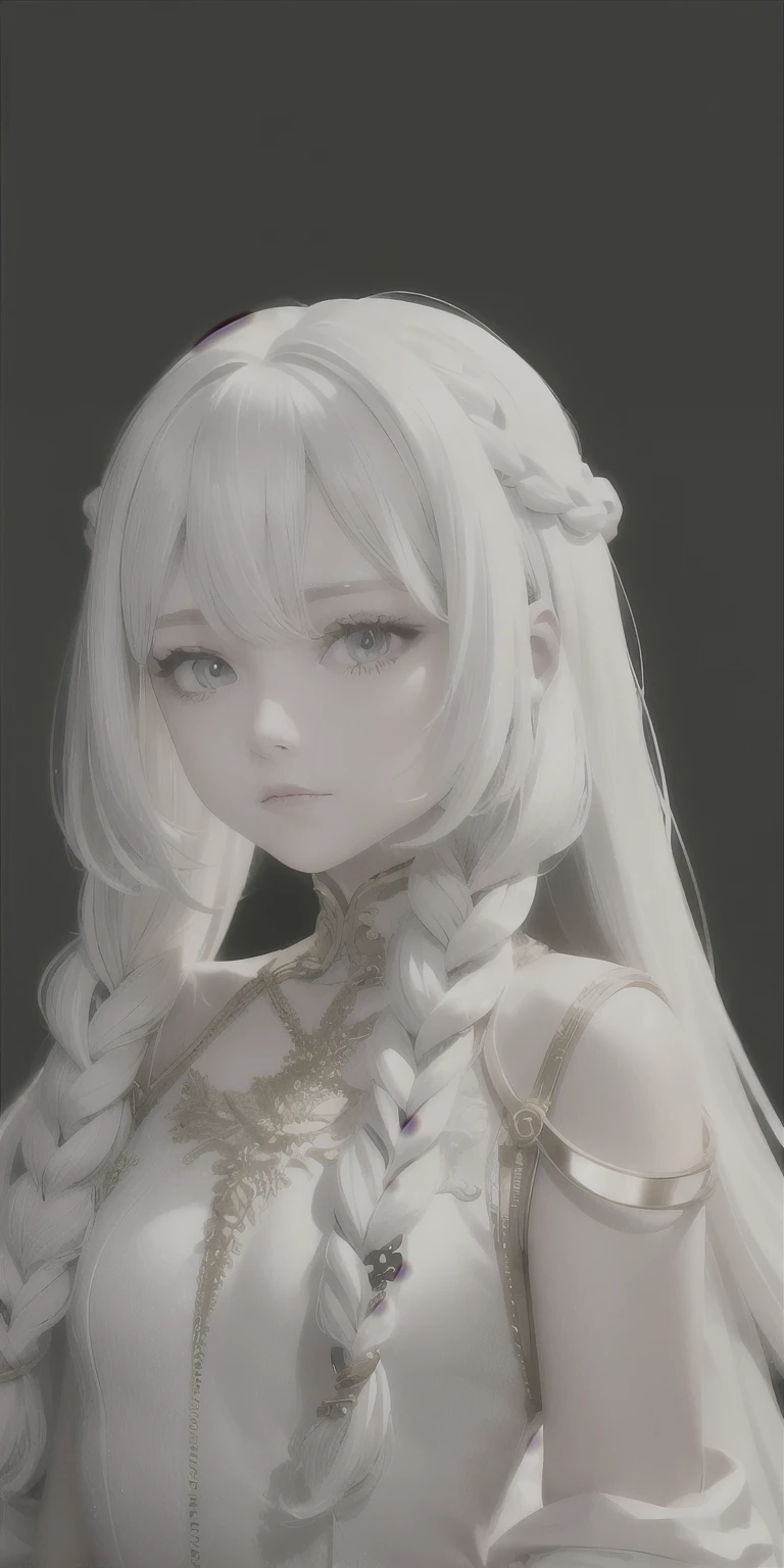 best quality, Masterpiece,white hair, golden eyes,white clothes, search, upper body,hair,Beautiful skin,side braid