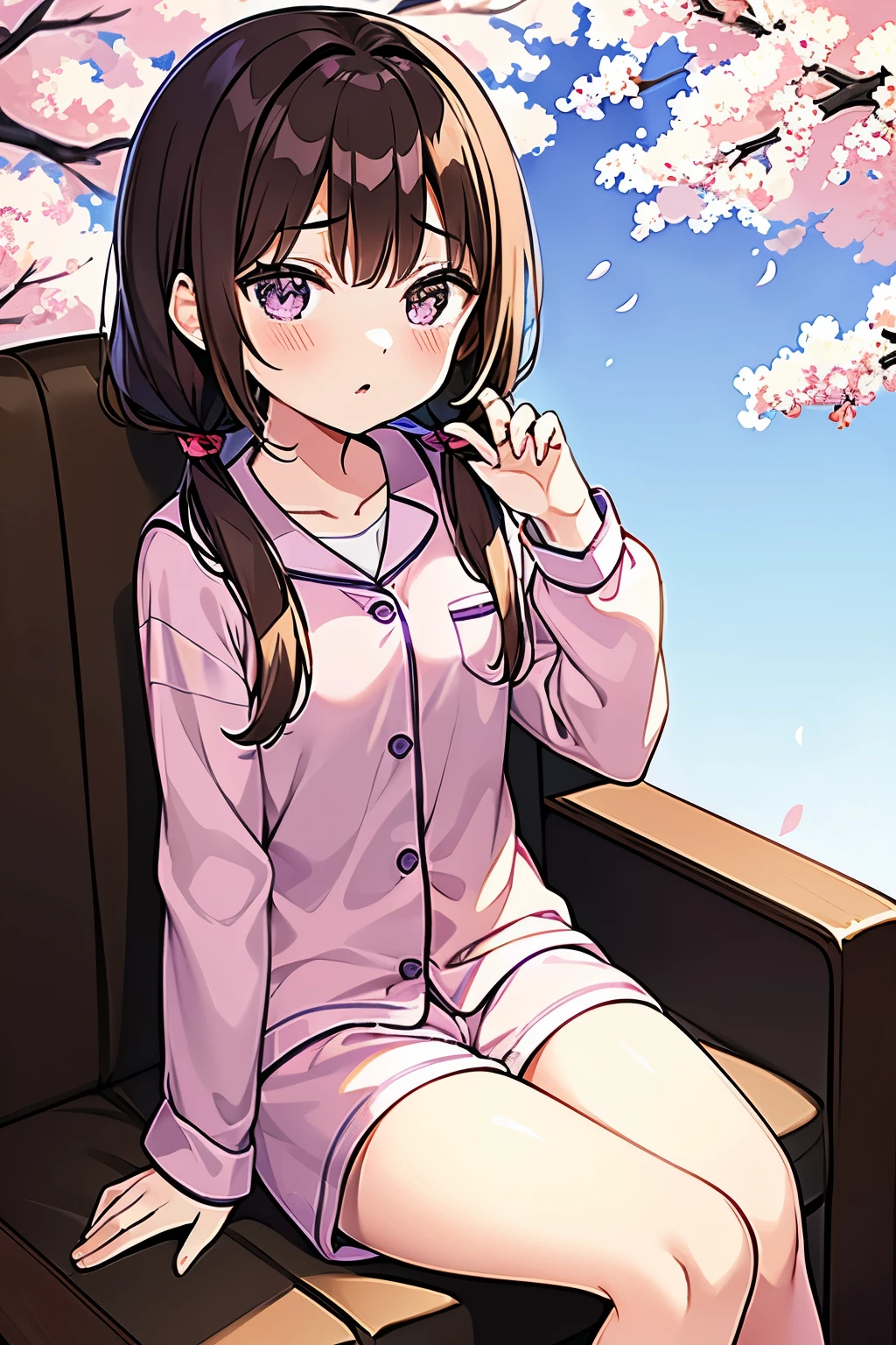 ((brown hair)), 1 girl 17 years old, Sitting on chair,Feelings drowsy, Short pant pajamas, Sea pattern pajamas, Purple eyes,Long hair, Short twintails, Sakura trees with clear blue sky background