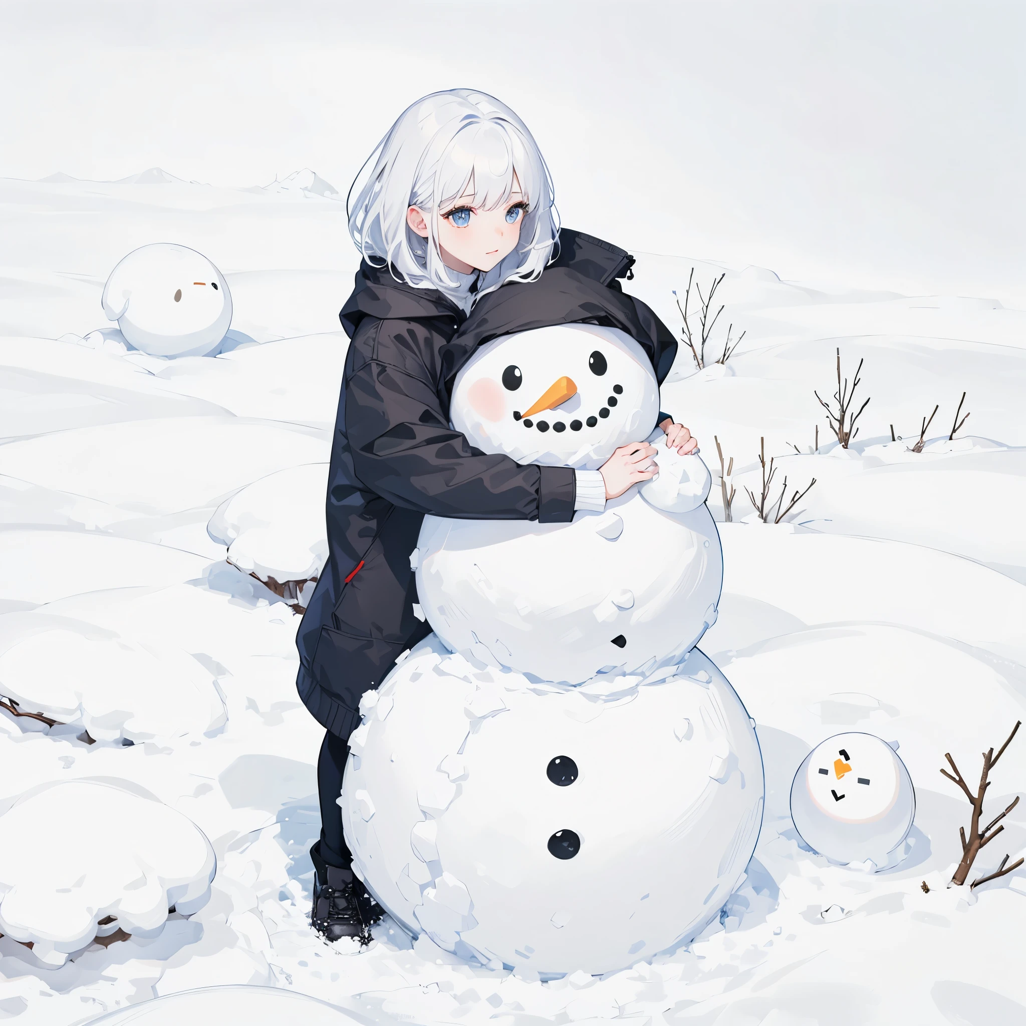 Top quality, masterpiece, 8K, all snow background, woman with hand on snowman's head, snowman has face, young girl, short white hair, princess cut, white eyes