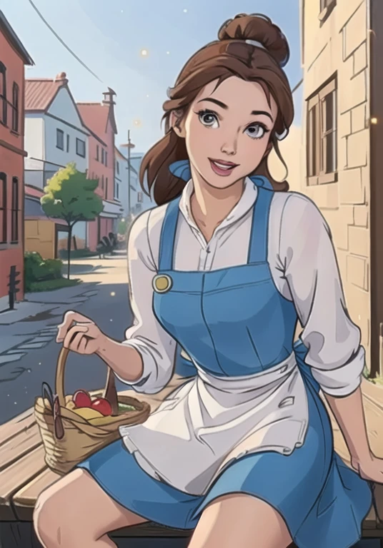 (BelleWaifu:1), smile, cute, cute pose, looking at viewer, thick thighs, (blue dress, apron:1.2), (hair bun, hair bow), :D, holding a basket,

(realistic:1.2), (realism), (masterpiece:1.2), (best quality), (ultra detailed), (8k, 4k, intricate),(full-body-shot:1),(Cowboy-shot:1.2), (85mm),light particles, lighting, (highly detailed:1.2),(detailed face:1.2), (gradients), sfw, colorful,(detailed eyes:1.2),

(detailed ladscape, old town, buildings, shop, fruits:1.2),(detailed background),detailed landscape, (dynamic angle:1.2), (rule of third_composition:1.3), (Line of action:1.2), wide shot, daylight, solo,
Sitting on bench, Spread legs, pussy, pussy juice, 
 