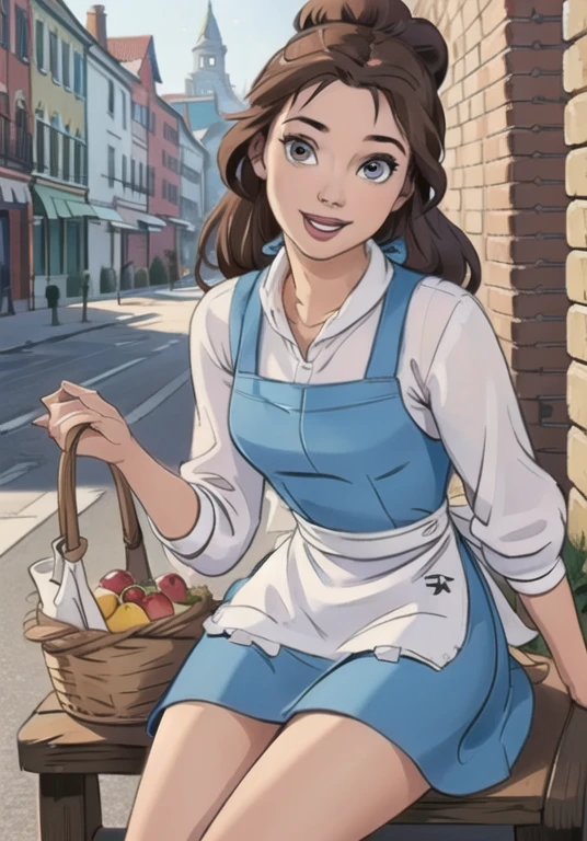 (BelleWaifu:1), smile, cute, cute pose, looking at viewer, thick thighs, (blue dress, apron:1.2), (hair bun, hair bow), :D, holding a basket,
(realistic:1.2), (realism), (masterpiece:1.2), (best quality), (ultra detailed), (8k, 4k, intricate),(full-body-shot:1),(Cowboy-shot:1.2), (85mm),light particles, lighting, (highly detailed:1.2),(detailed face:1.2), (gradients), sfw, colorful,(detailed eyes:1.2),
(detailed ladscape, old town, buildings, shop, fruits:1.2),(detailed background),detailed landscape, (dynamic angle:1.2), (rule of third_composition:1.3), (Line of action:1.2), wide shot, daylight, solo,
Sitting on bench, Spread legs, pussy, pussy juice,