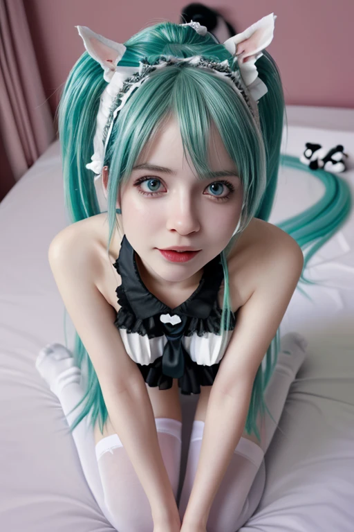 (High quality,4k,photorealistic),Hatsune Miku,hot,lenceria,on the bed,kitten pose,white stockings,illustration,detailed face,detailed clothes,vibrant colors,soft lighting