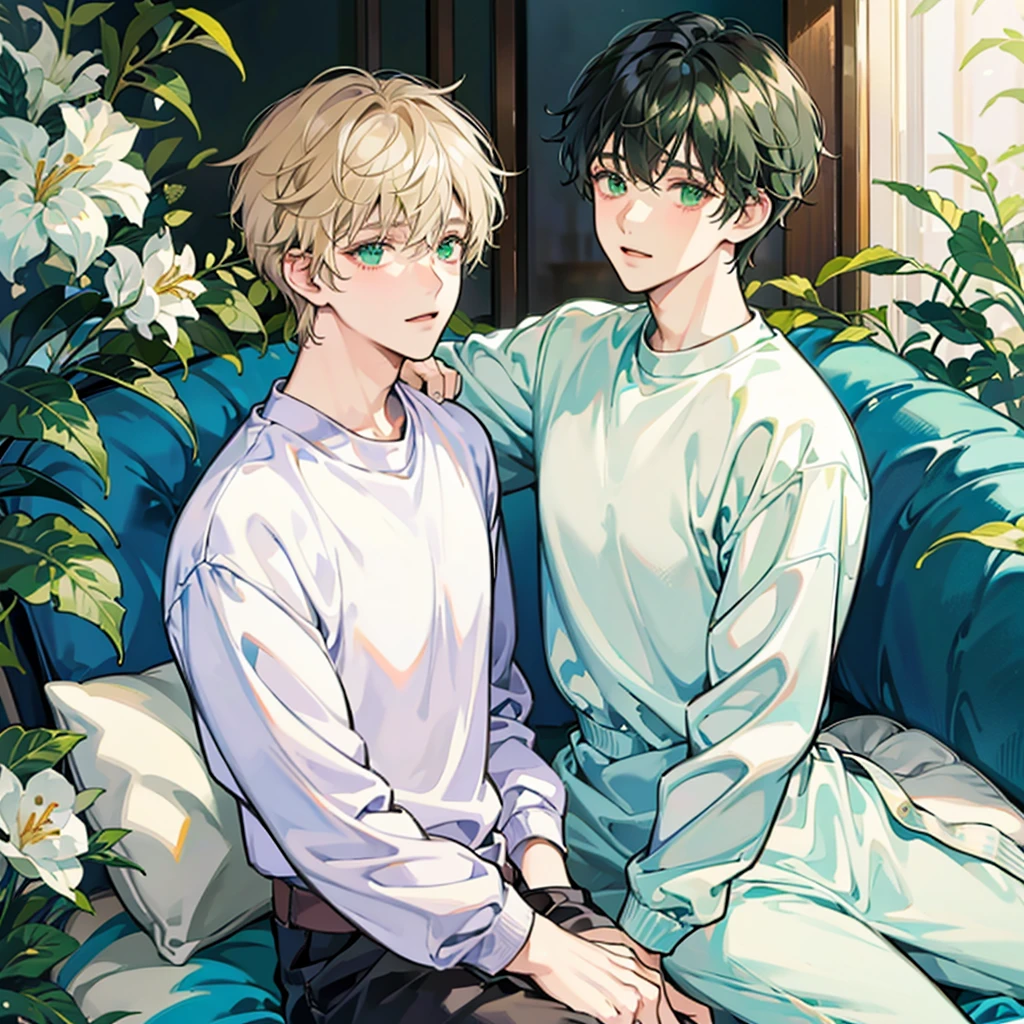 One Soft boy with twenty years old,white shortcut hair,green sleepy eyes ,soft smile,sweatshirt