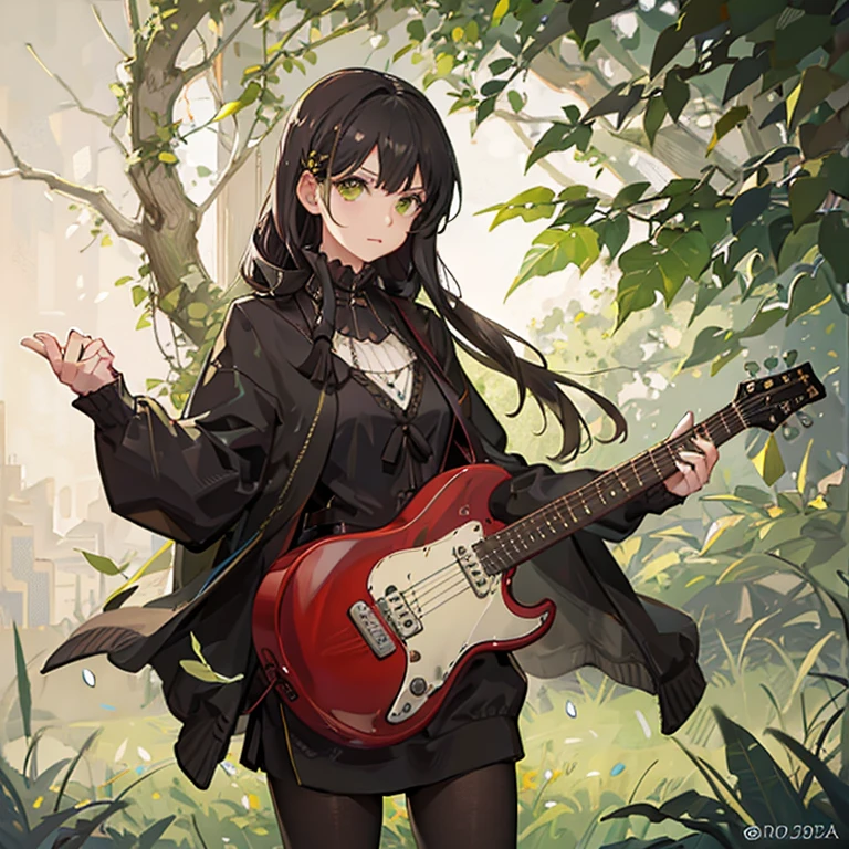 A girl with dark long black hair, green cardigan, and a guitar