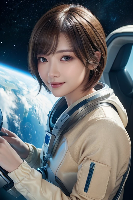 highest quality、masterpiece、Ultra-high resolution、(Genuine:1.4)、Beautiful woman１、Beautiful details in the eyes and skin、Light brown short hair、A small smile、The perfect space suit、Spaceship、Cloudy、