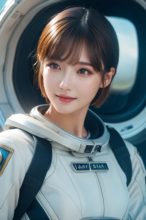 highest quality、masterpiece、Ultra-high resolution、(Genuine:1.4)、Beautiful woman１、Beautiful details in the eyes and skin、Light brown short hair、A small smile、The perfect space suit、Spaceship、Cloudy、
