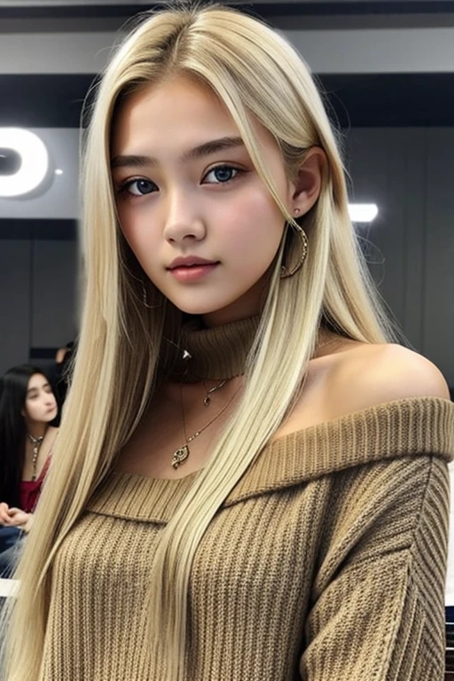 1 Girl, 19 years old, Solitary, Long hair, huge , Looking at the audience, blond, 裸Off-shoulder膀, Brown eyes, Jewel-like, whole body, A necklace, Off-shoulder, sweater, Practical, 