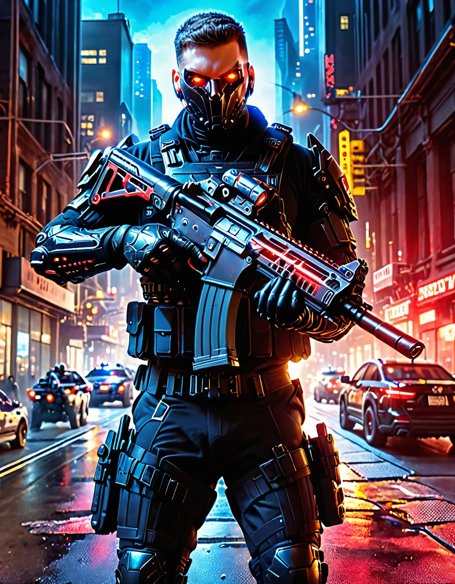 masterpiece, best quality, highres, 1man, 1cyborg, male focus, solo, solo focus, male focus, perfect hands, NYPD swat officer, jet black uniform, hi-tech cyborg head with red eyes, boots, mechanical arms, cyborg, matching gloves, assault vest, holding an assault rifle, m16, cyberpunk lighting, danger atmosphere, new york.