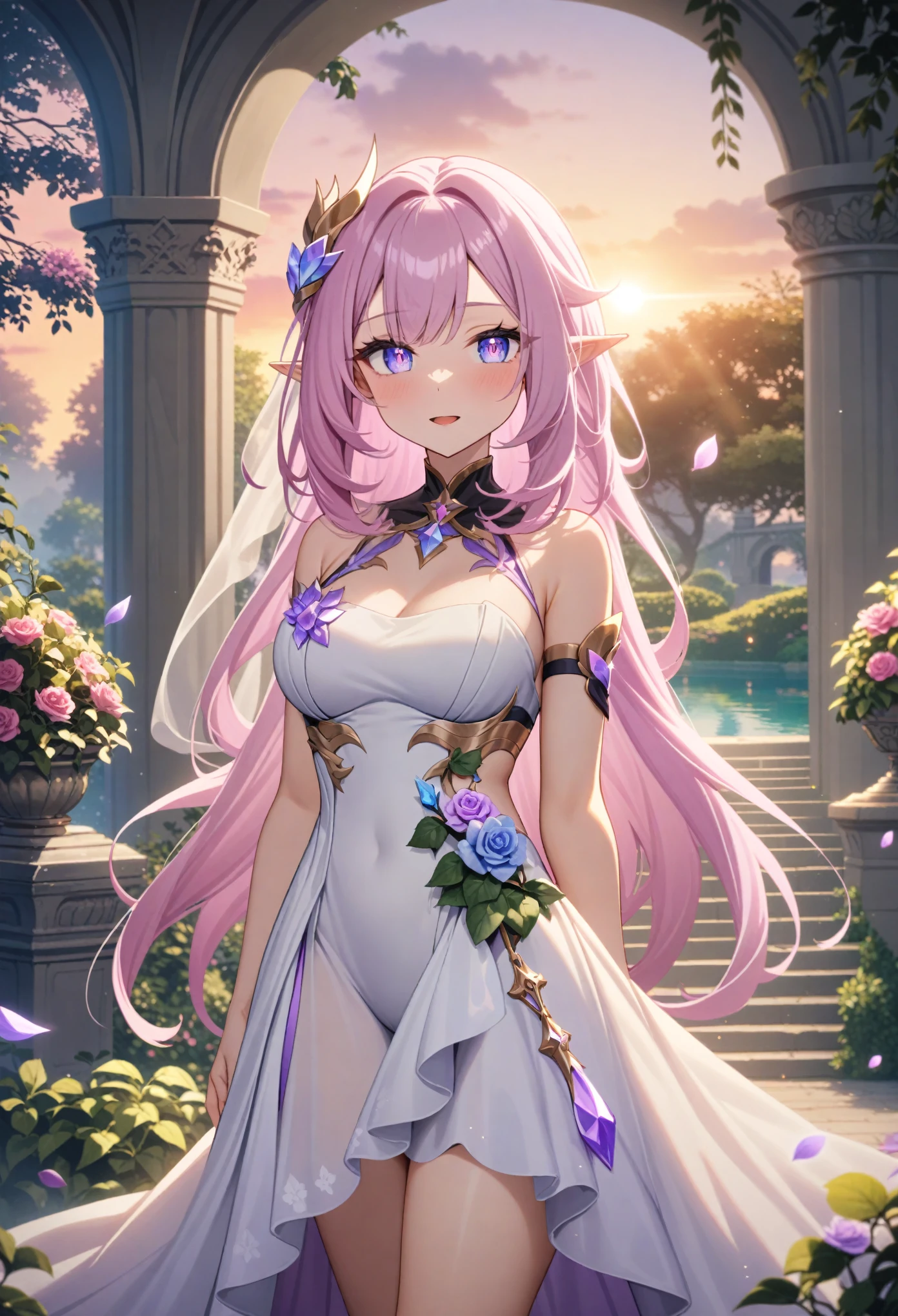 Masterpiece,very aesthetic,absurdres, newest, 1girl,elysia,solo,wearing white sleeveless wrap gown,very long pink hair,light purple eyes,pointed ears 
BREAK 
Dreamy outdoor scene of a beautiful garden with trailing ivy and stairs and trees,royal garden background,beautiful intricate anime scenery,peaceful pond with floating light particles,((stunning sunrise backdrop)),gorgeous fantasy aesthetic, 
BREAK 
elysian realm,iridescent crystal roses,floating petals
