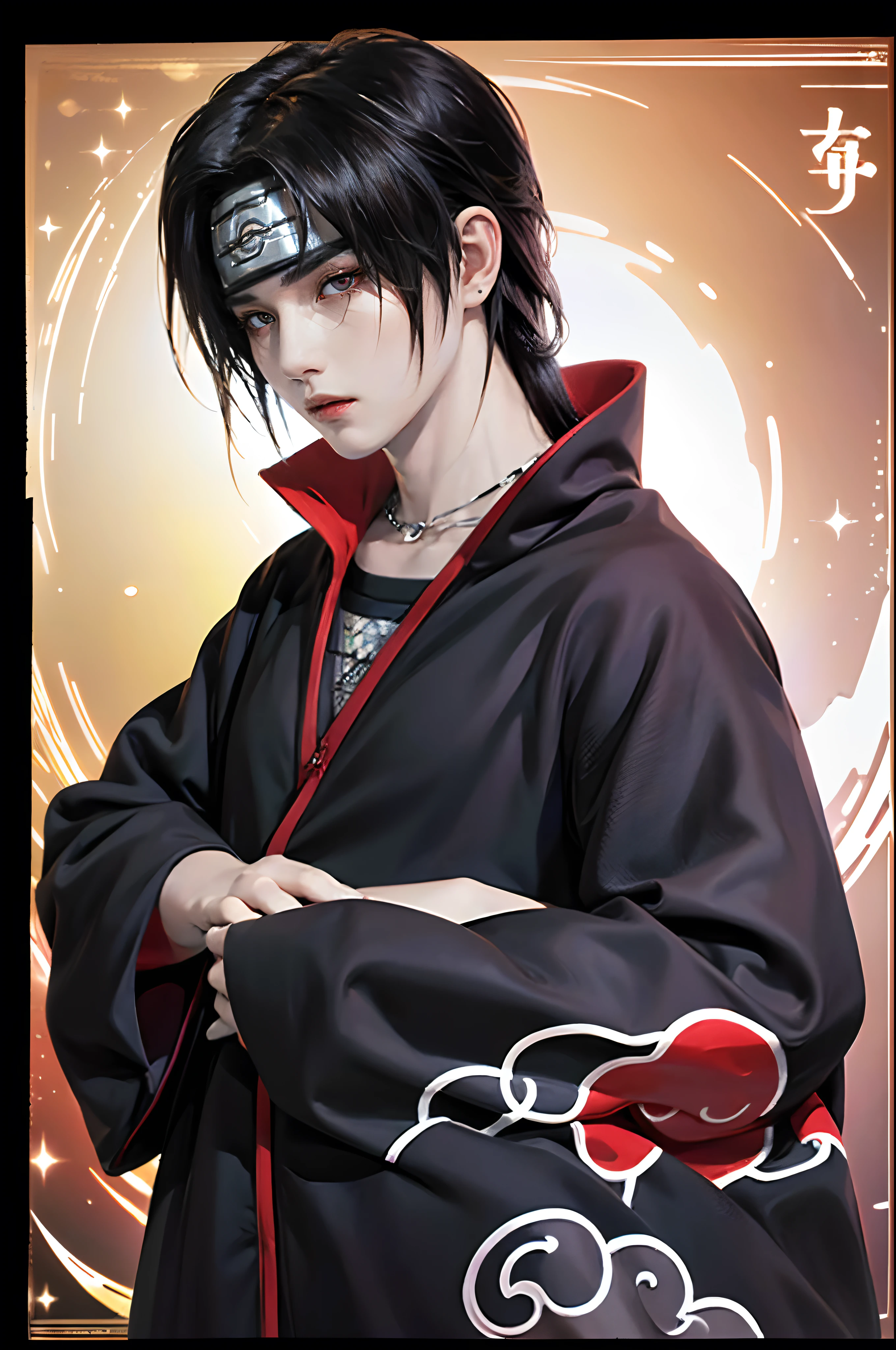 ((4K works))、masterpiece、(top-quality)、((high-level image quality))、((One Manly Boy))、Slim body、((Date Cosplay))、((Uchiha Itachi))、((Cosplay))、Face similar to Chaewon in Ruseraphim、(Detailed beautiful eyes)、((Smaller face))、((Neutral face))、((18year old))、((Handsome man))、((photo of a model))、((Like a celebrity))、Professional Photos、((cosplay foto))、((Shot alone))、((shot from a side angle))、((Naruto's Akatsuki Costume))