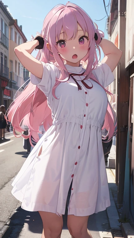masterpiece、highest quality、Very detailed、Photograph the upper body、1 female、(Put your arms behind your back:1.4)、Are standing、Turn your body forward、View your viewers、(White cloak)、break,blush、shy、Pink Hair、Open your mouth、In town、Big Breasts、