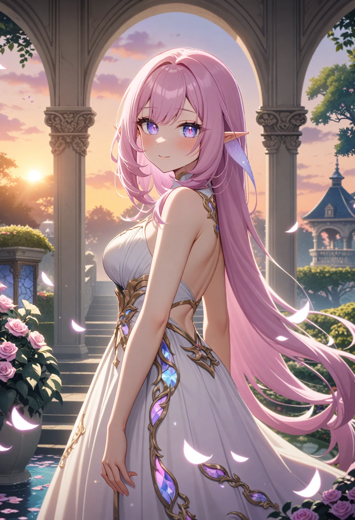 Masterpiece,very aesthetic,absurdres, newest, 1girl,elysia,solo,wearing white sleeveless wrap gown,very long pink hair,light purple eyes,pointed ears
BREAK
Dreamy outdoor scene of a beautiful garden with trailing ivy and stairs and trees,royal garden background,beautiful intricate anime scenery,peaceful pond with floating light particles,((stunning sunrise backdrop)),gorgeous fantasy aesthetic,
BREAK
elysian realm,iridescent crystal roses,floating petals