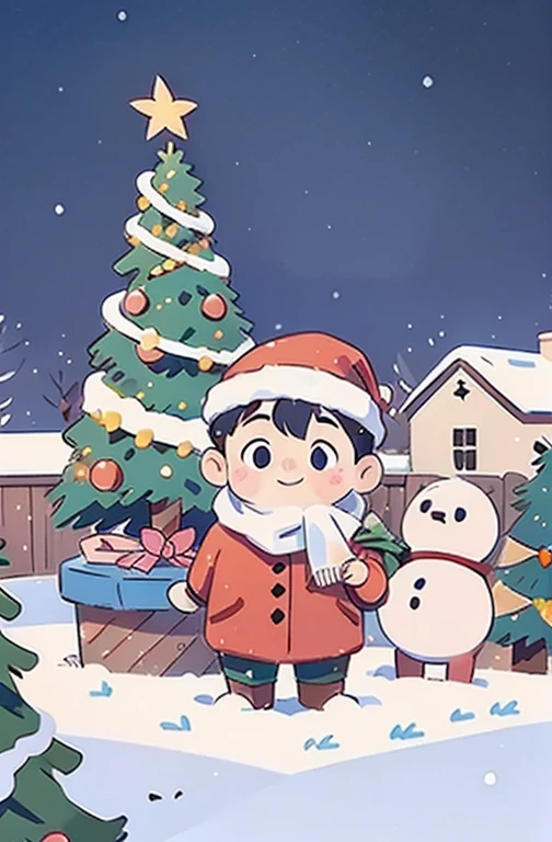 boy, Blue short hair, Round Face, big eyes, Christmas costumes, Smile, Santa hat, snow, Star, winter, garden, pedestrian, white snow, Christmas tree, snow covered, In the panorama, front