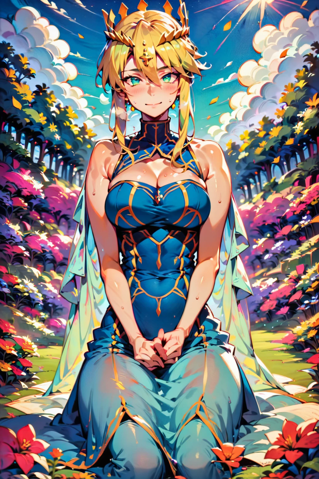 (score_9, score_8_up, score_7_up, score_6_up, score_5_up, score_4_up:1.5), (masterpiece, bestquality, very aesthetic, absurdres, newest, ai-generated), (anime screencap, illustration:1.3), (human forcus, 1girl, fullbody:1.2), smile, (looking at viewer, front view, Contrapposto pose), (sitting, wariza), (blue sky, picnic, flower garden), (Post-production, Raytracing, Ambient Occlusion, Bloom, Chromatic Aberration, Lens Flare, Depth of Field, Global Illumination, Reflection), (cinematic lighting), (shiny Specular, shiny highlights, Dispersion high light, prism high light), (SLR shot, wide angle lens, dynamic perspective, bokeh, dynamic angle, dynamic idol shot, depth of field, glowing bokeh light, emotional atmosphere), (shiny skin, shiny body, shiny hair, oily skin, oily body, oily hair, glowing eyes, sweaty, steam, heat, shame, blush), (Artoria Pendragon (Lancer) \(fate grand order\)),