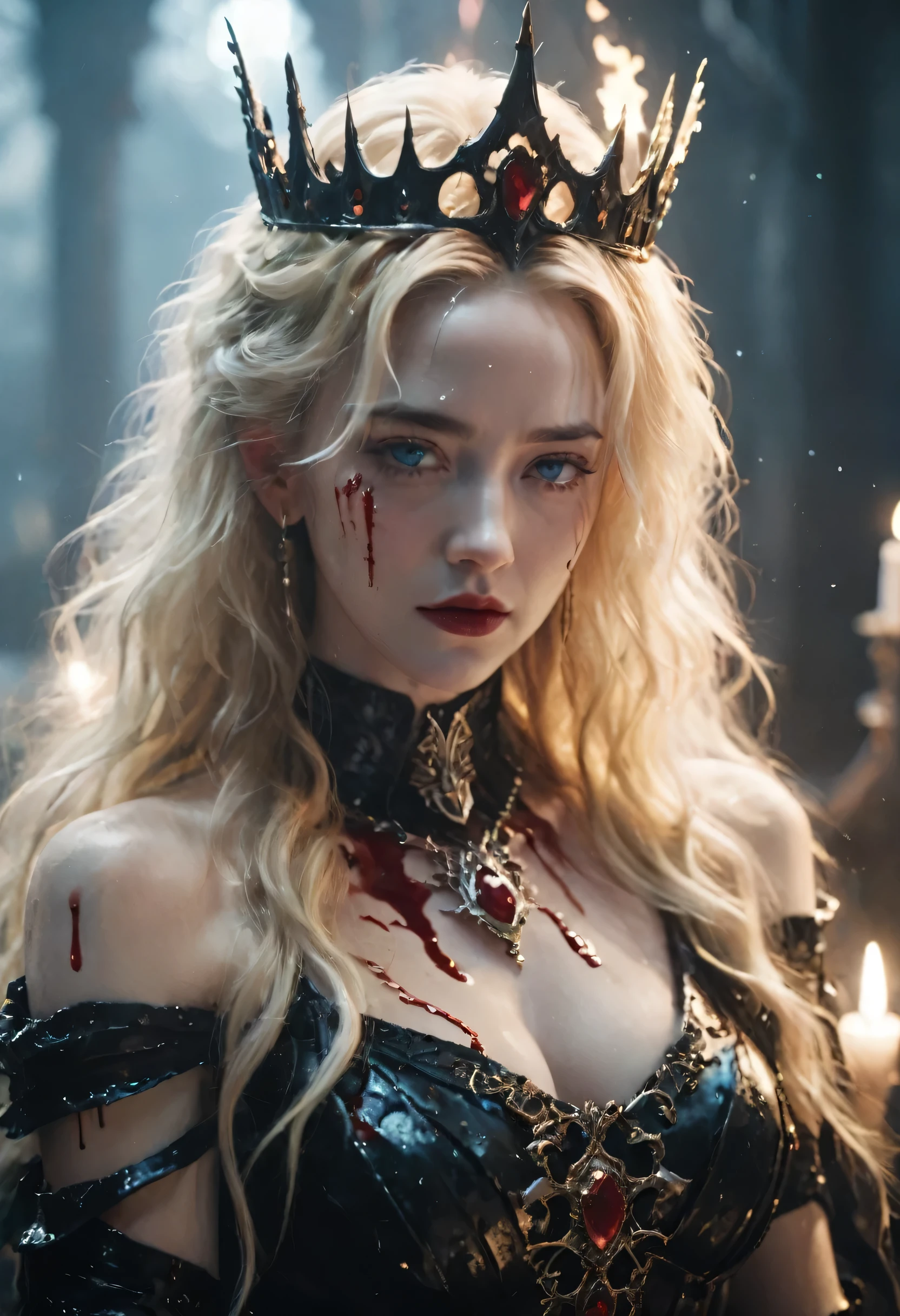 Cinematic shot: A cruel queen, golden hair, late 30s, smirks with blood dripping from her chin. Icy blue eyes gleam. A clawed hand in a black gauntlet displays a grotesque (ring) - black metal, Blood splatters the ring and drips down her fingers. The background blurs into a decaying throne room, bathed in an unnatural green moonlight. Art style: cinematic, hyperrealistic, dark fantasy.