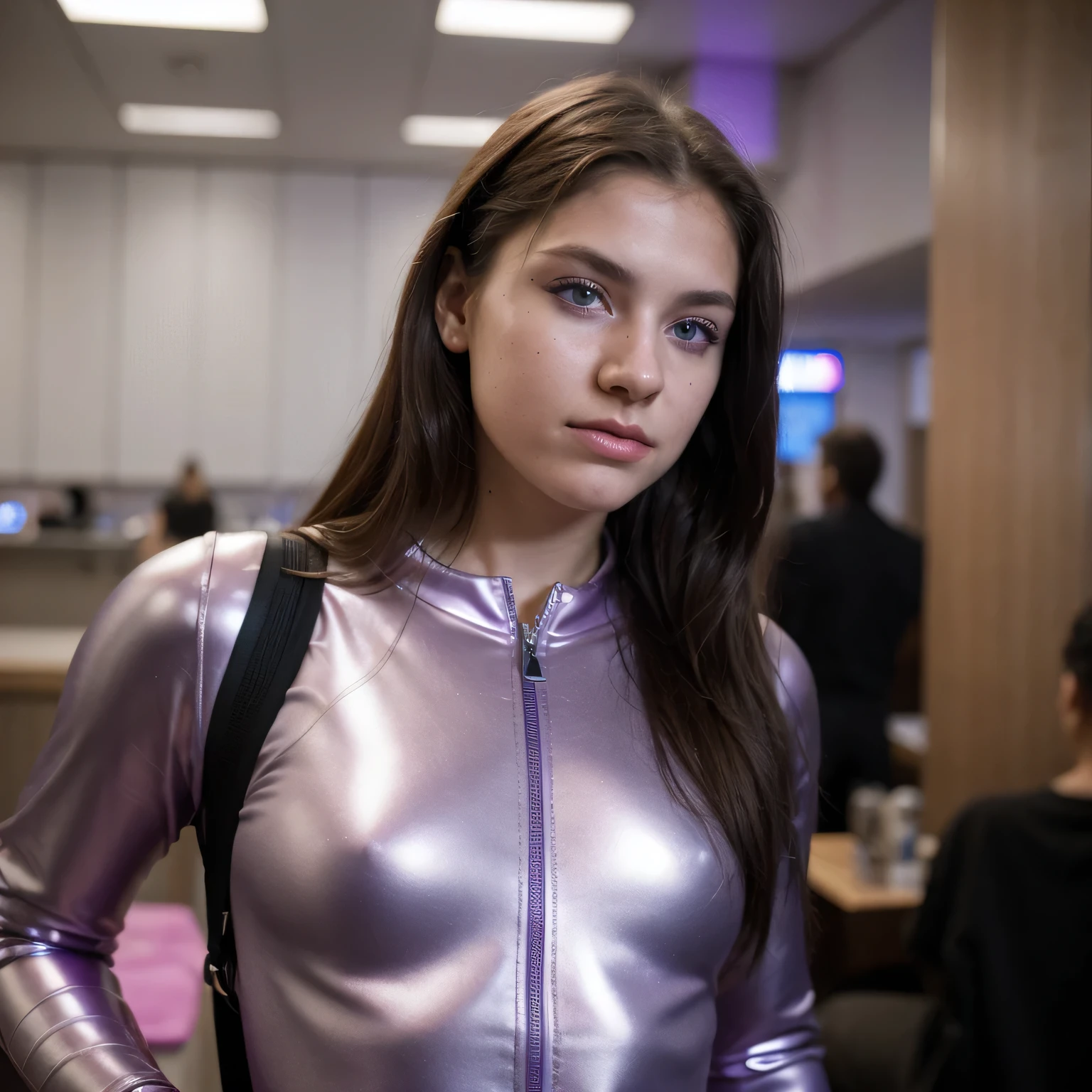 photo of a college student,, in Purple Pink, futuristic space suit, (freckles:0.8) cute face, sci-fi, dystopian, detailed eyes, cobalt blue eyes((Side view))Party bar