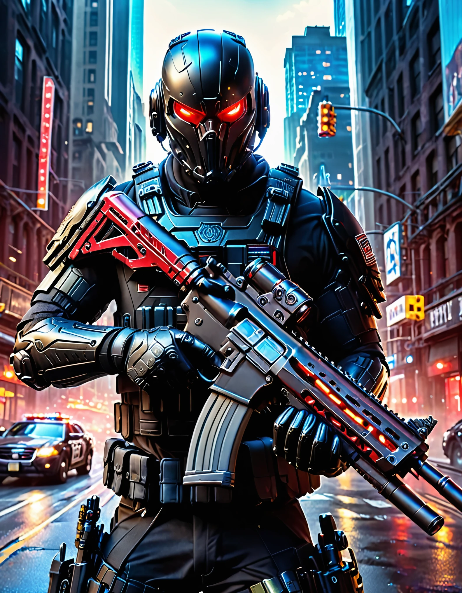 masterpiece, best quality, highres, 1man, 1cyborg, male focus, solo, solo focus, male focus, perfect hands, NYPD swat officer, jet black uniform, hi-tech cyborg head with red eyes, boots, mechanical arms, cyborg, matching gloves, assault vest, holding an assault rifle, m16, cyberpunk lighting, danger atmosphere, new york.