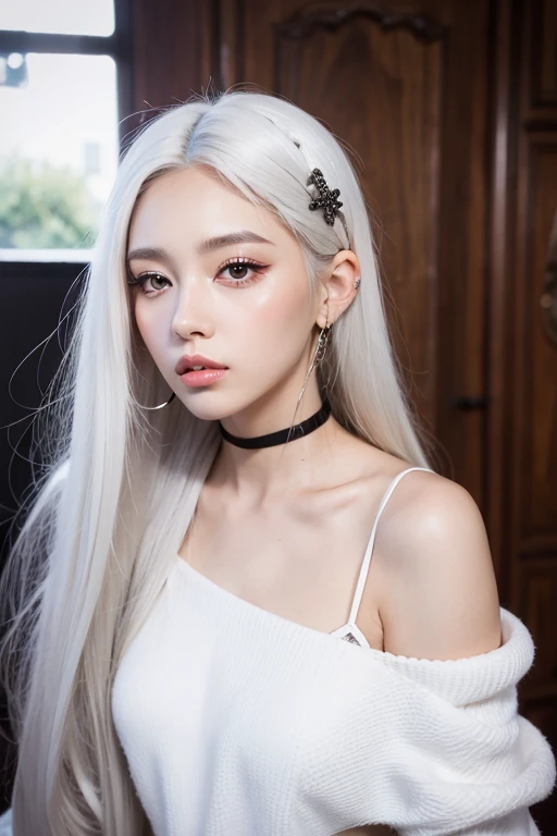 Beautiful girl with brown eyes and white hair on bitch
